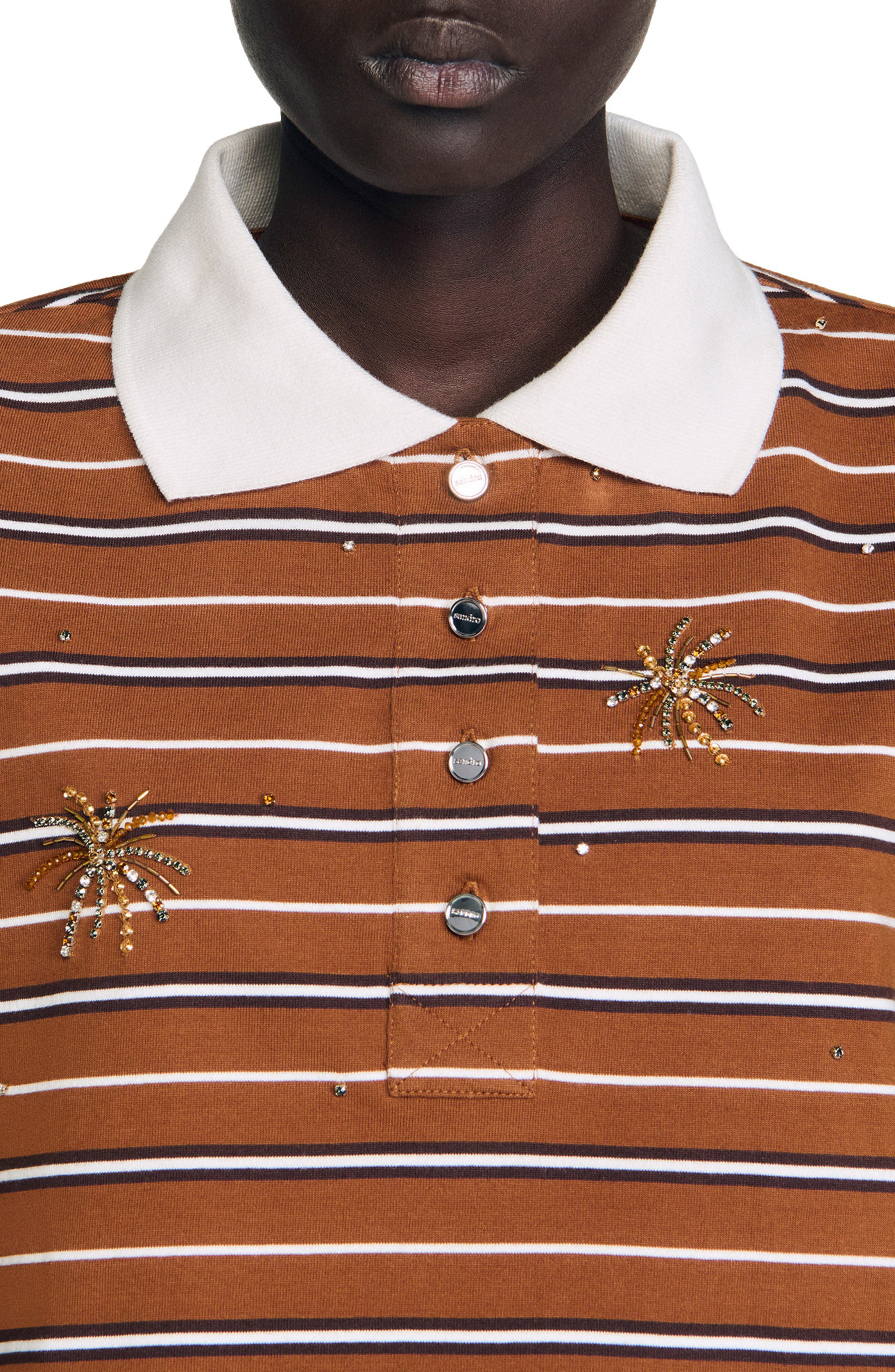 SANDRO Striped rhinestone T-shirt in Brown at Nordstrom - 4
