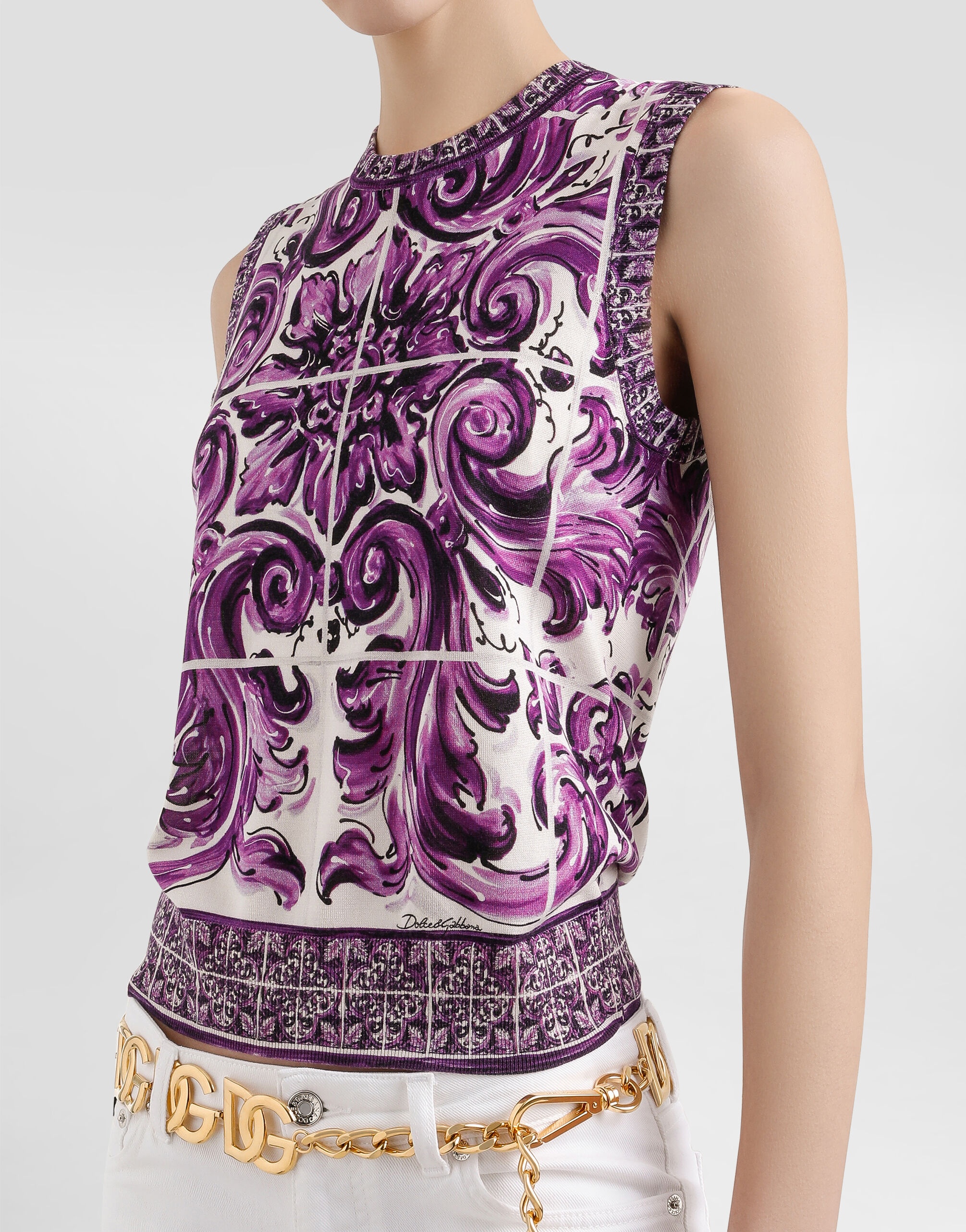Majolica-print silk tank top - 4