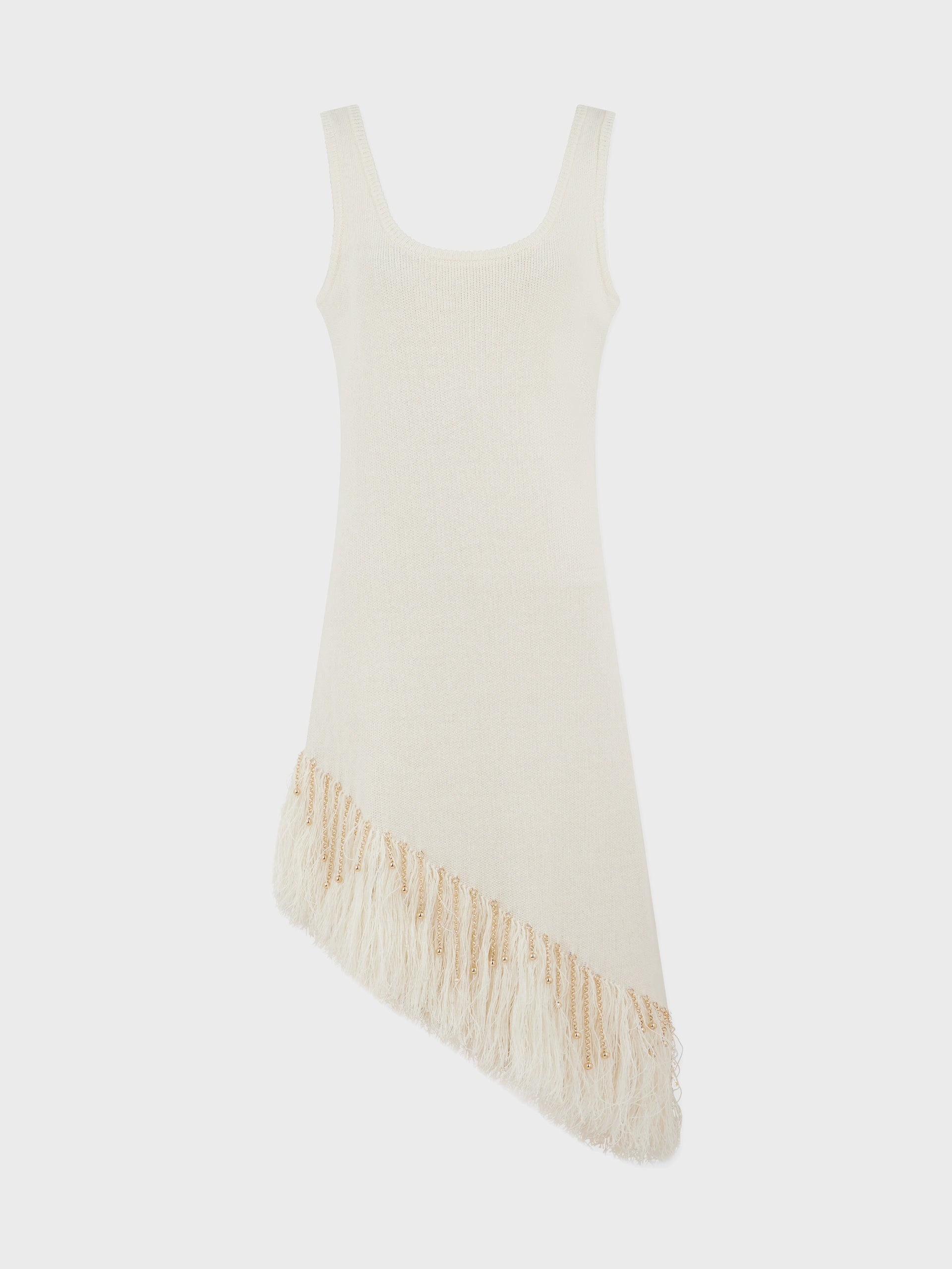 ASYMMETRICAL OFF WHITE WOVEN DRESS WITH KNITTED BEADS AND FEATHERS - 1