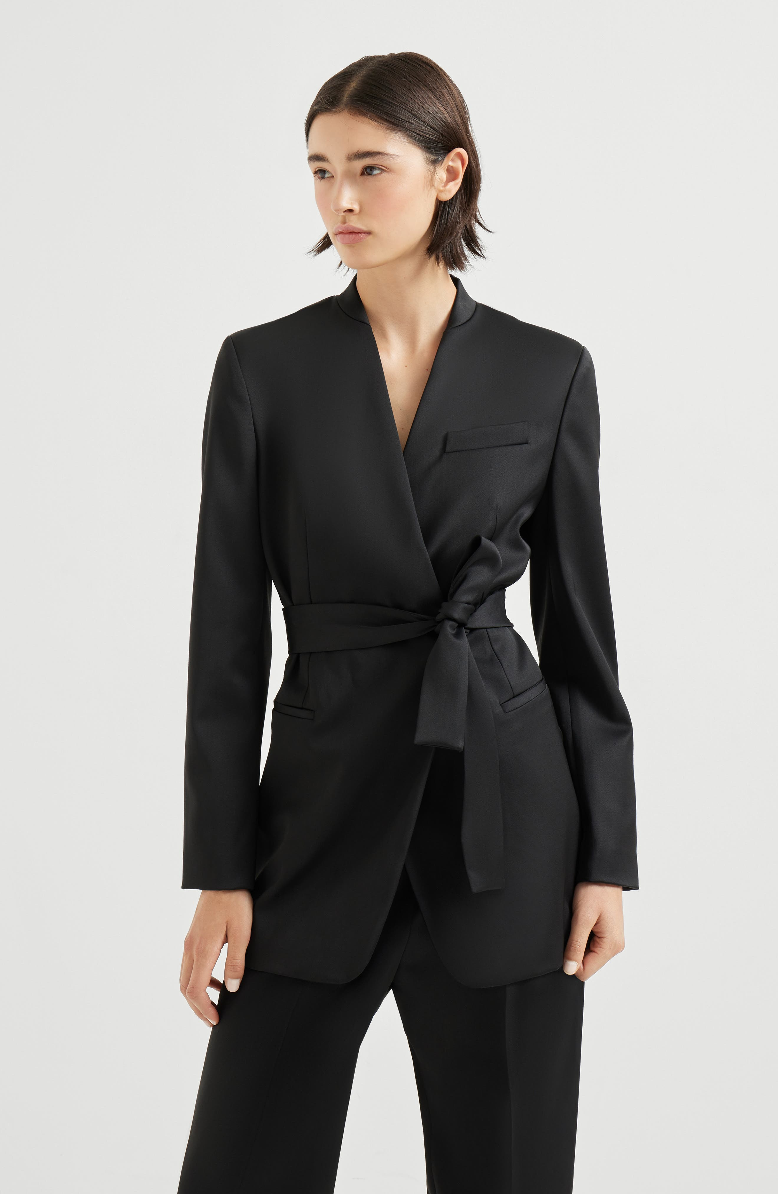 Brunello Cucinelli Satin belted blazer with monili in Black at Nordstrom - 2