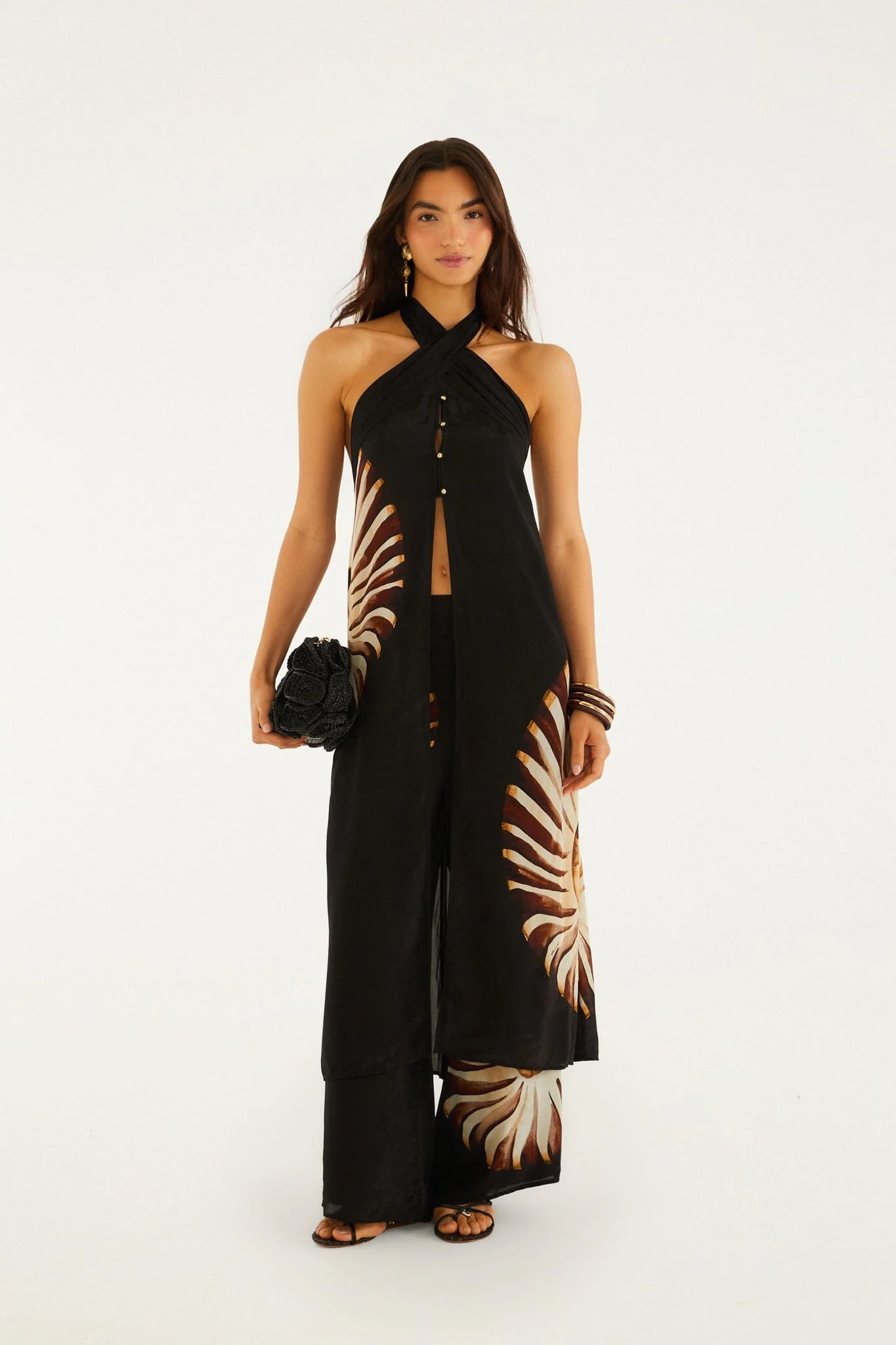 Black Ammonite Beaded Elastic Waist Pants - 1