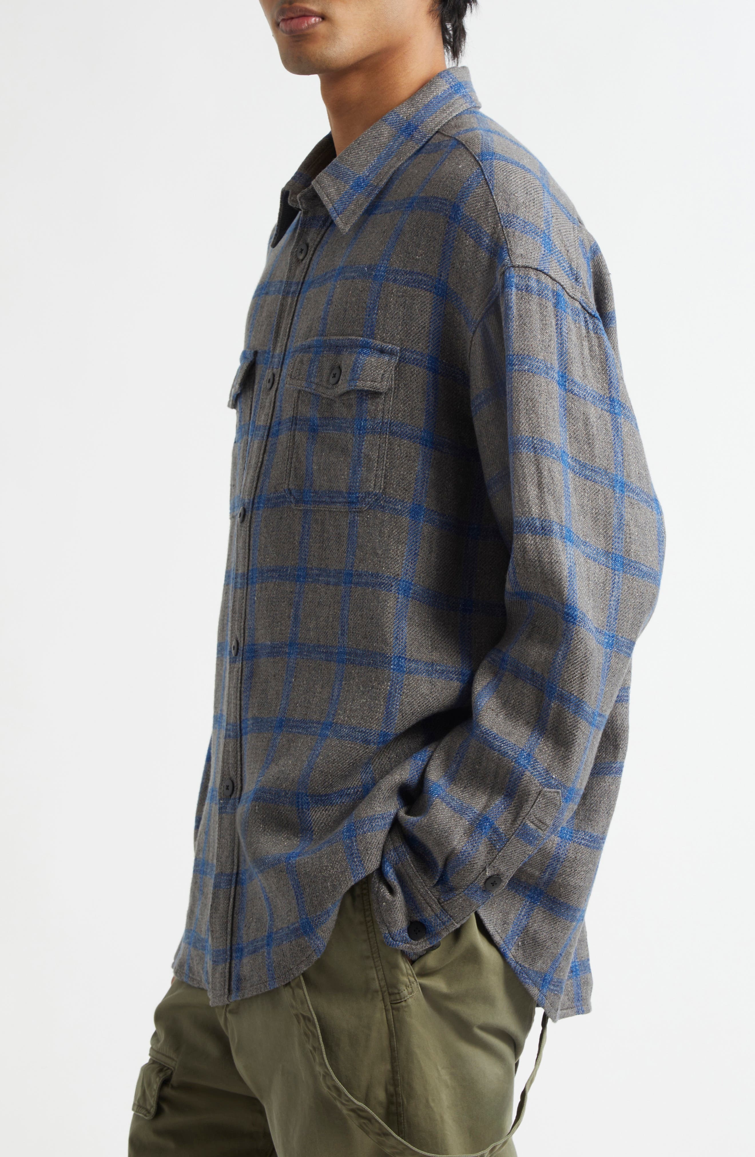 VISVIM Lumber Check Linen & Wool Button-Up Shirt in Grey at Nordstrom - 4