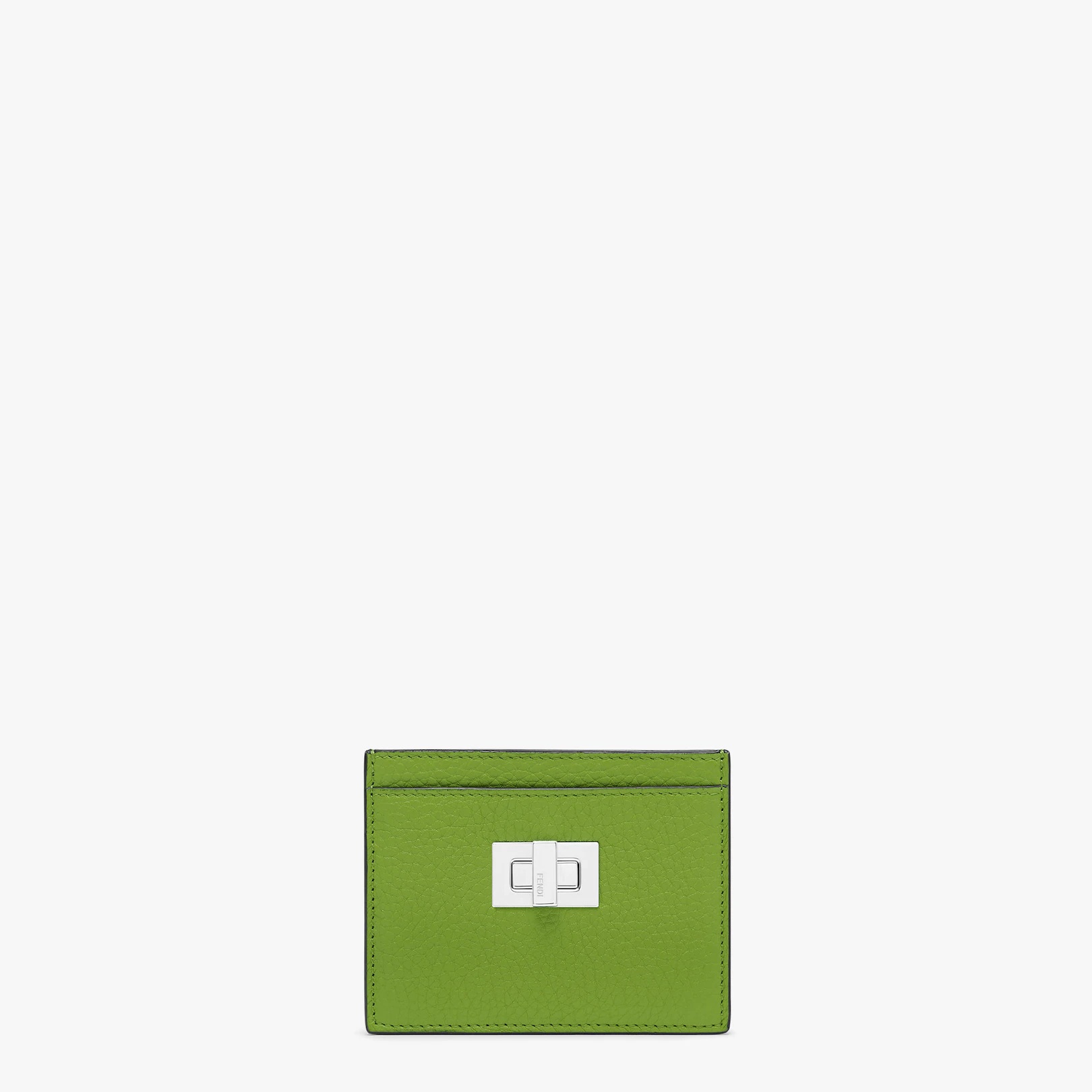Peekaboo Selleria business card holder. Twist lock. Made of green Cuoio Romano leather. Palladium-fi - 1