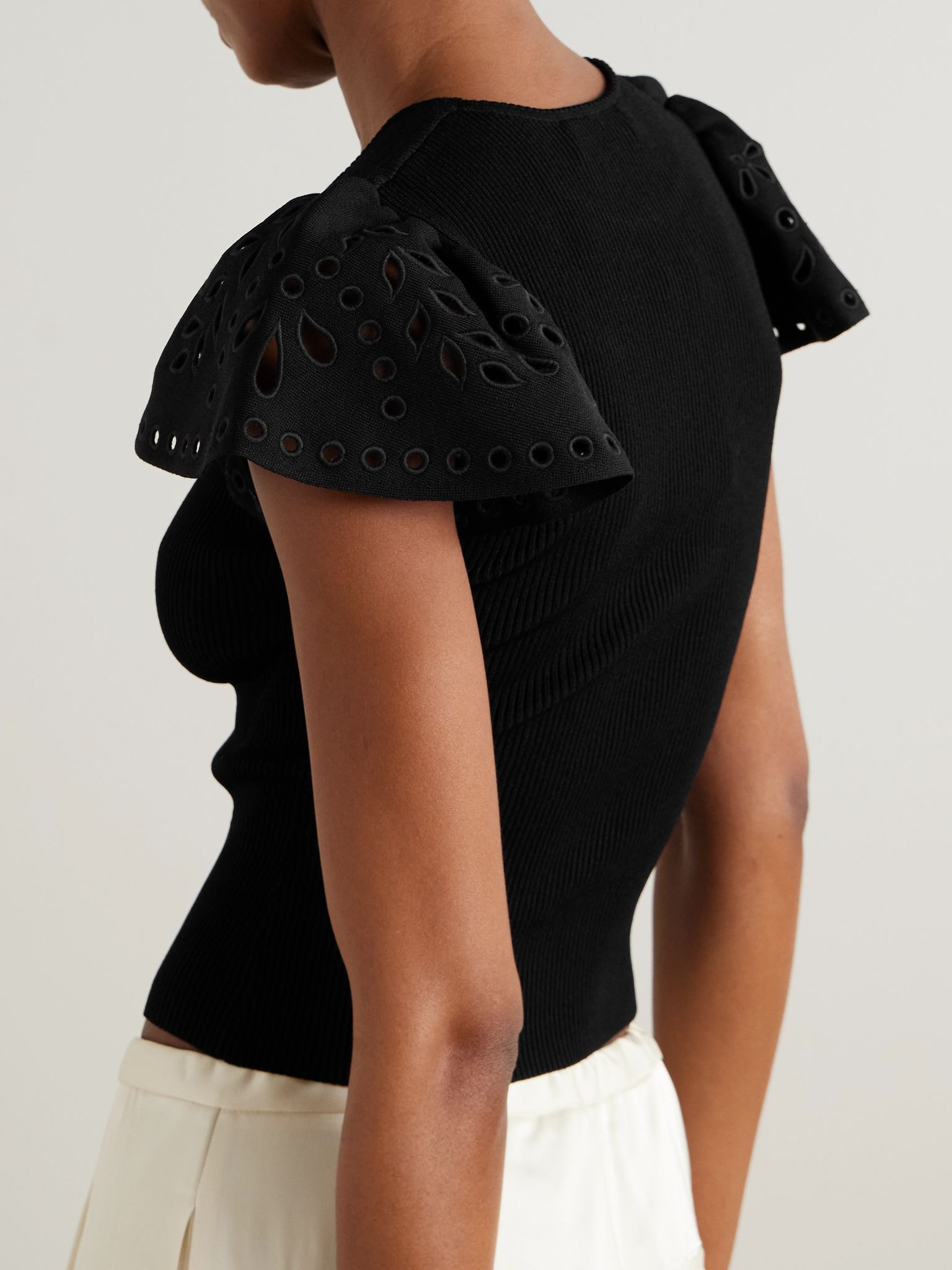 Edith embroidered ruffled ribbed-knit top Black - 3