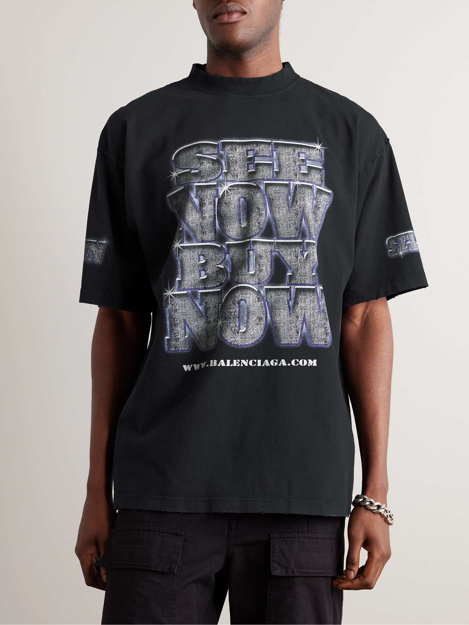 BALENCIAGA Logo-Print Distressed Cotton-Jersey T-Shirt