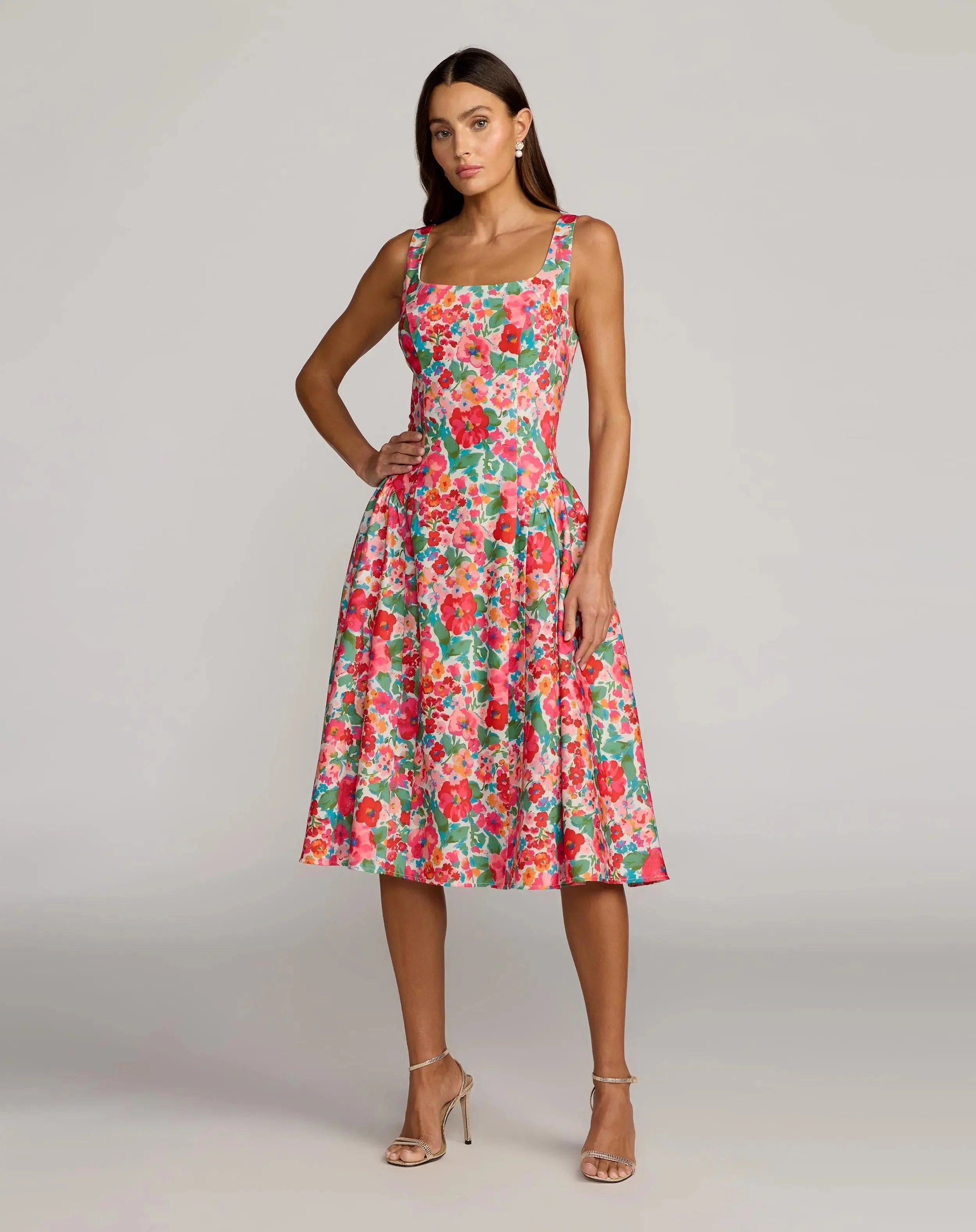 Multicolor Sleeveless Floral A-Line Midi Dress - 1