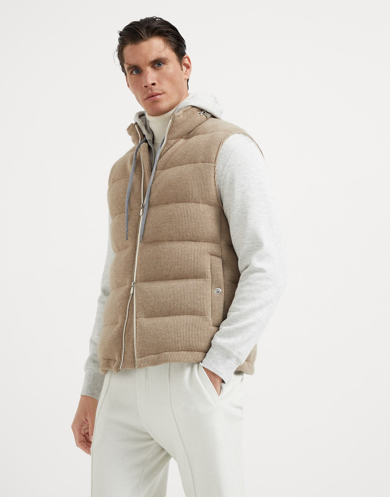 Cashmere English rib knit down vest with packable hood 1