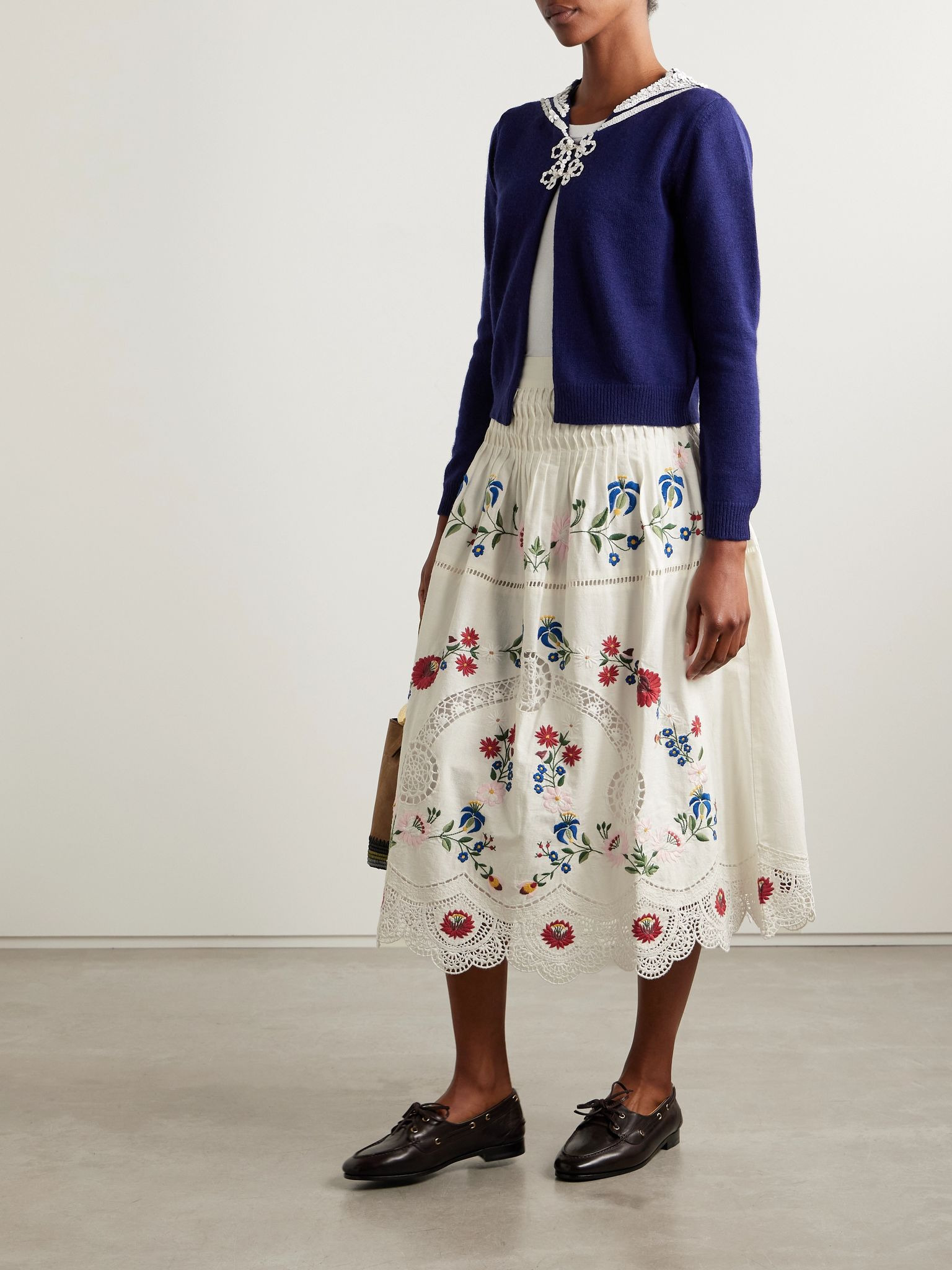 Celia broderie anglaise cotton and linen-blend midi skirt Cream - 2