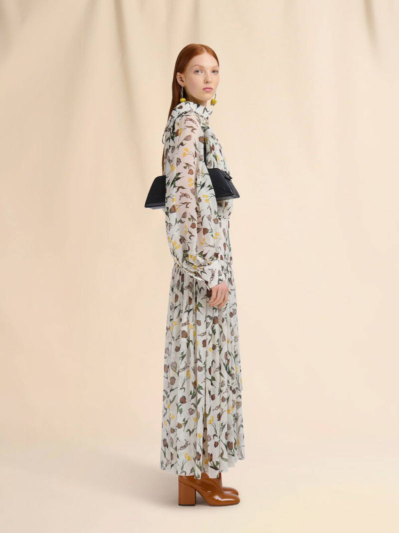 CREAM CHIFFON DRESS WITH TULIPS AND HARES PRINT 6
