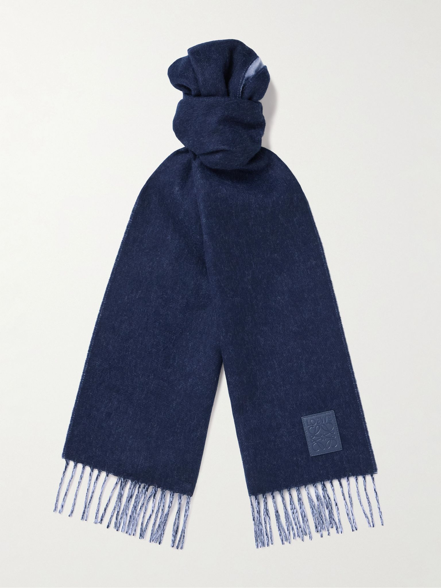 Logo-Appliquéd Fringed Wool and Cashmere-Blend Scarf Navy - 1