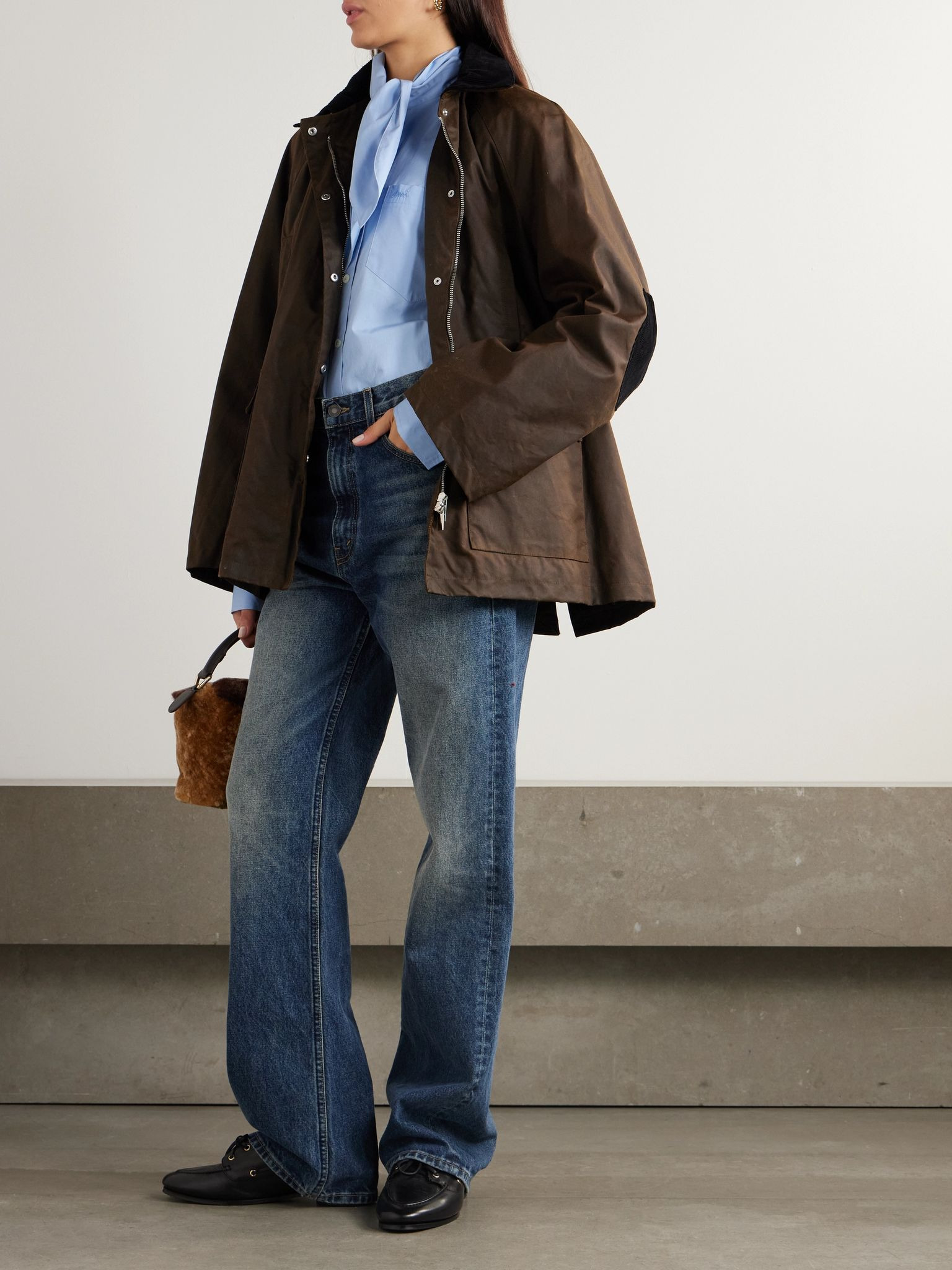 Oversized corduroy-trimmed waxed organic cotton jacket Brown - 2