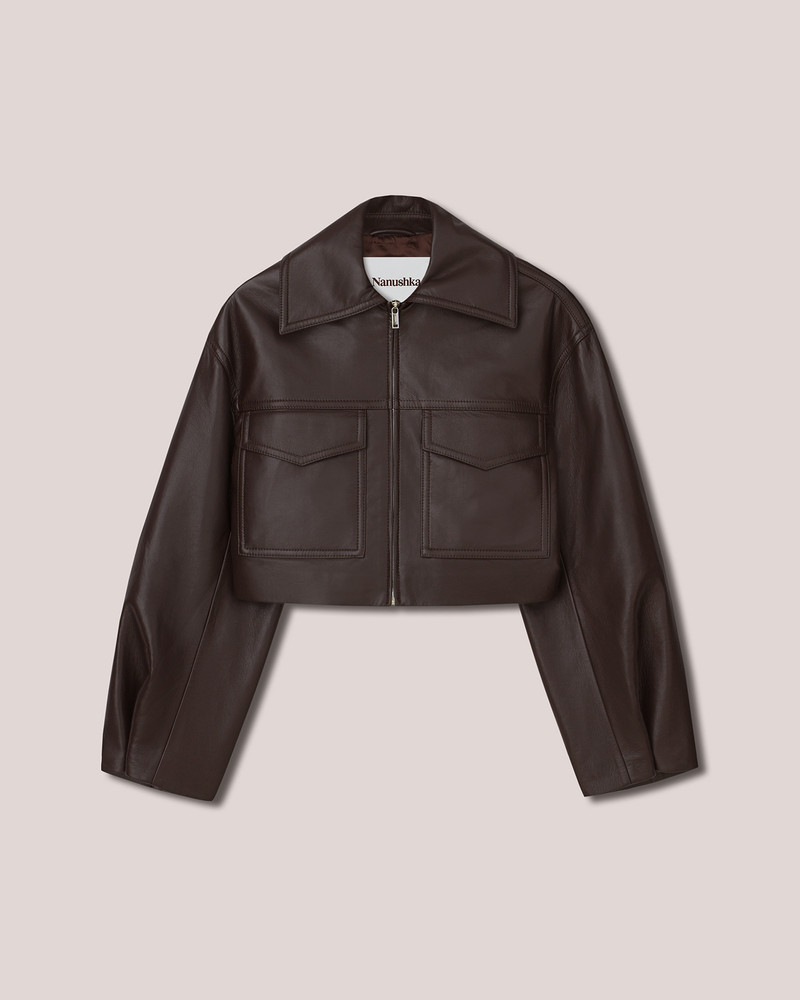 SAPIR - Slim regenerated leather boxxy cropped jacket - Dark brown 1