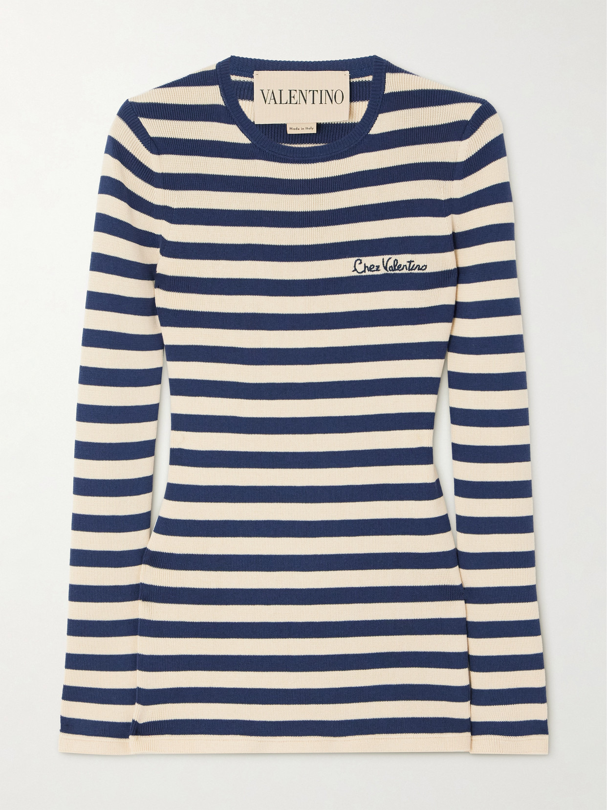 Embroidered Striped Cotton Sweater - 1