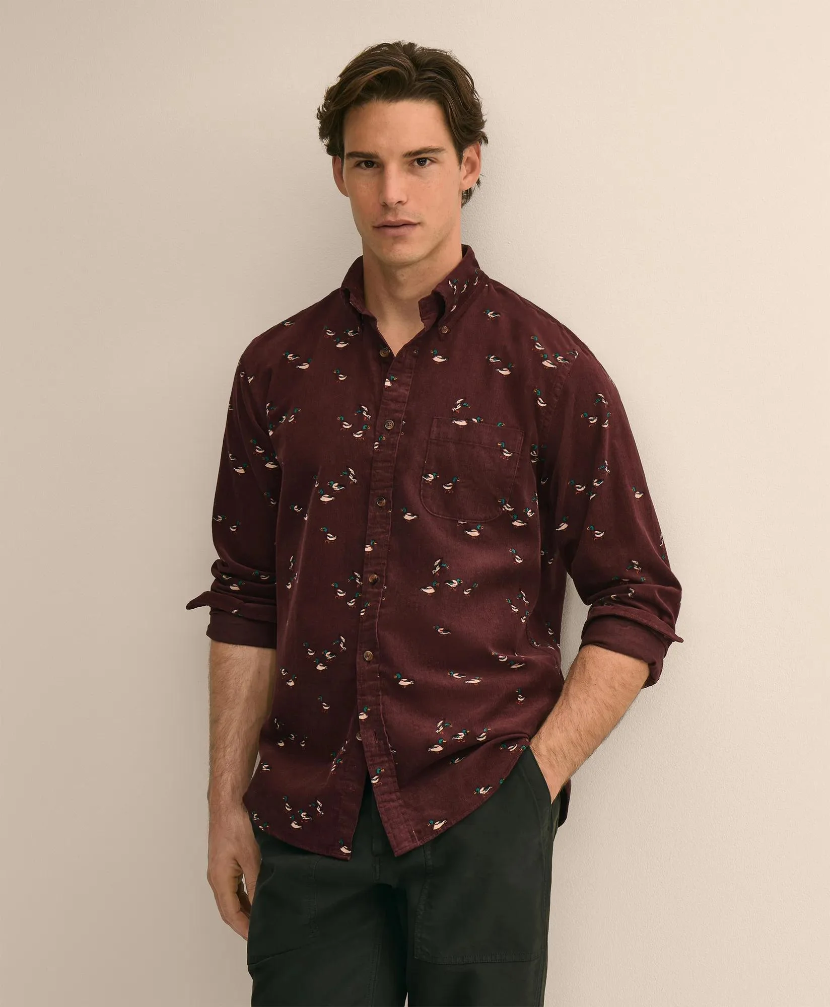 Cotton Fine-Wale Corduroy Mallard-Motif Sport Shirt - 1