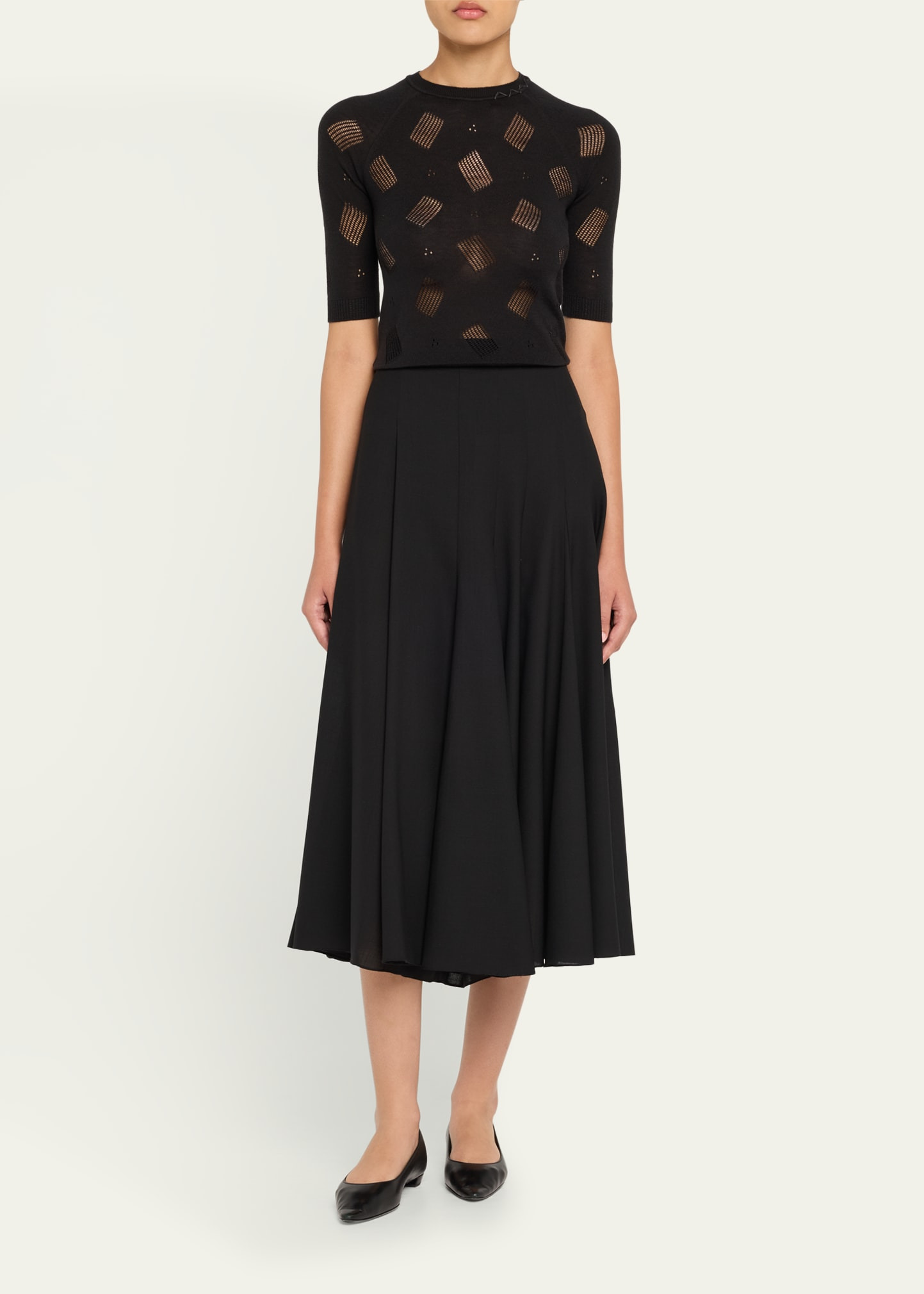 Short-Sleeve Perforated Knit Slim Sweater - 2