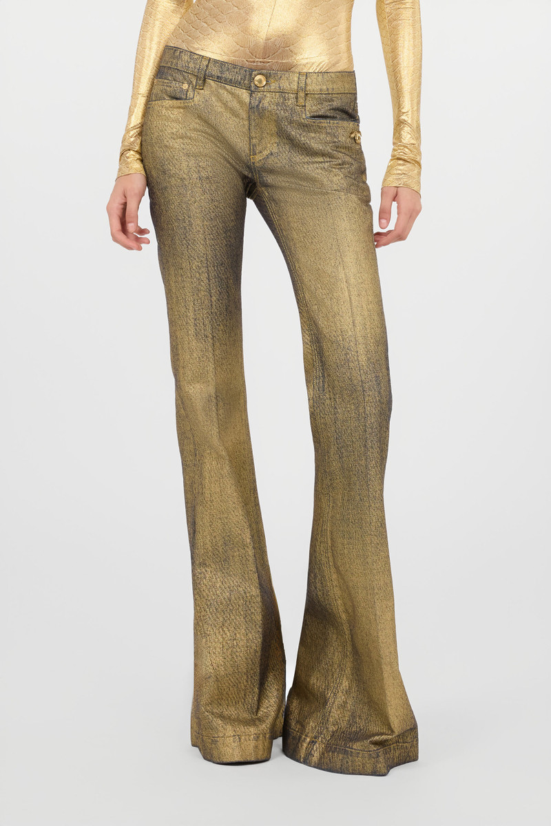 Gold And Blue Flared Jeans With Faded Wash 3