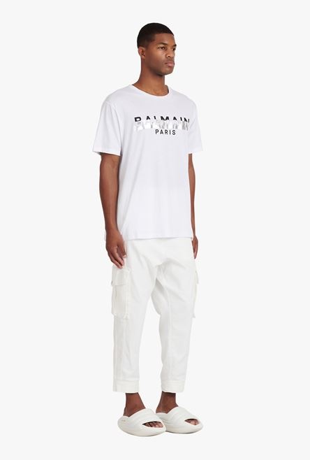 Oversized white eco-designed cotton T-shirt with black and silver Balmain logo print - 7