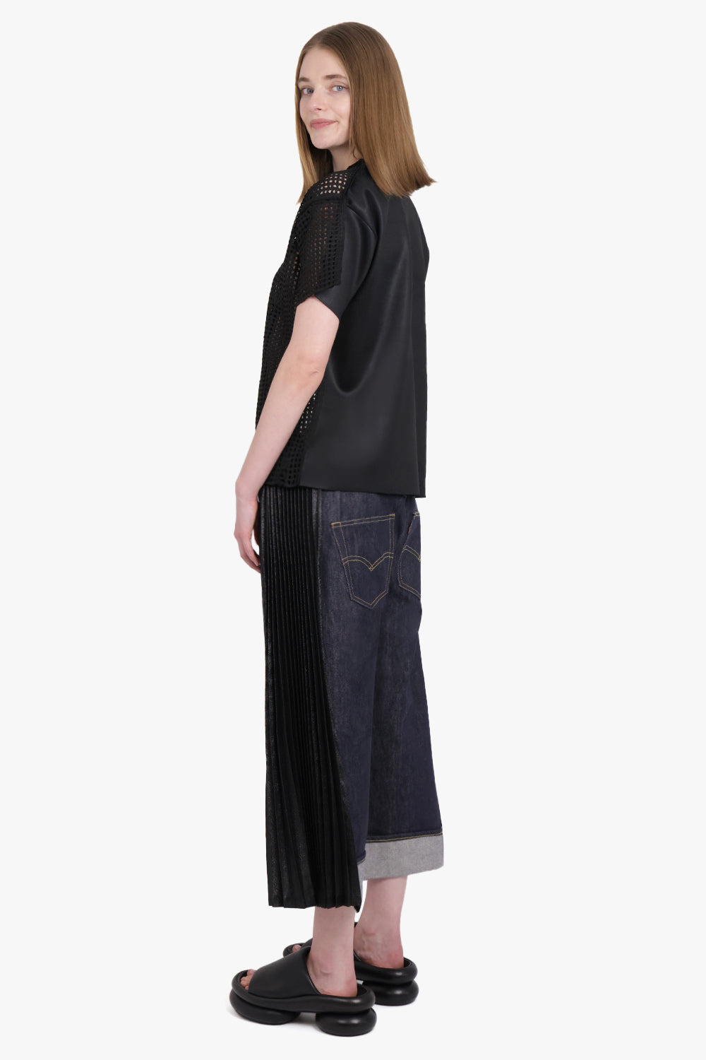 MESH OVERLAY S/S DISTRESSED KNIT T-SHIRT TOP | BLACK - 4