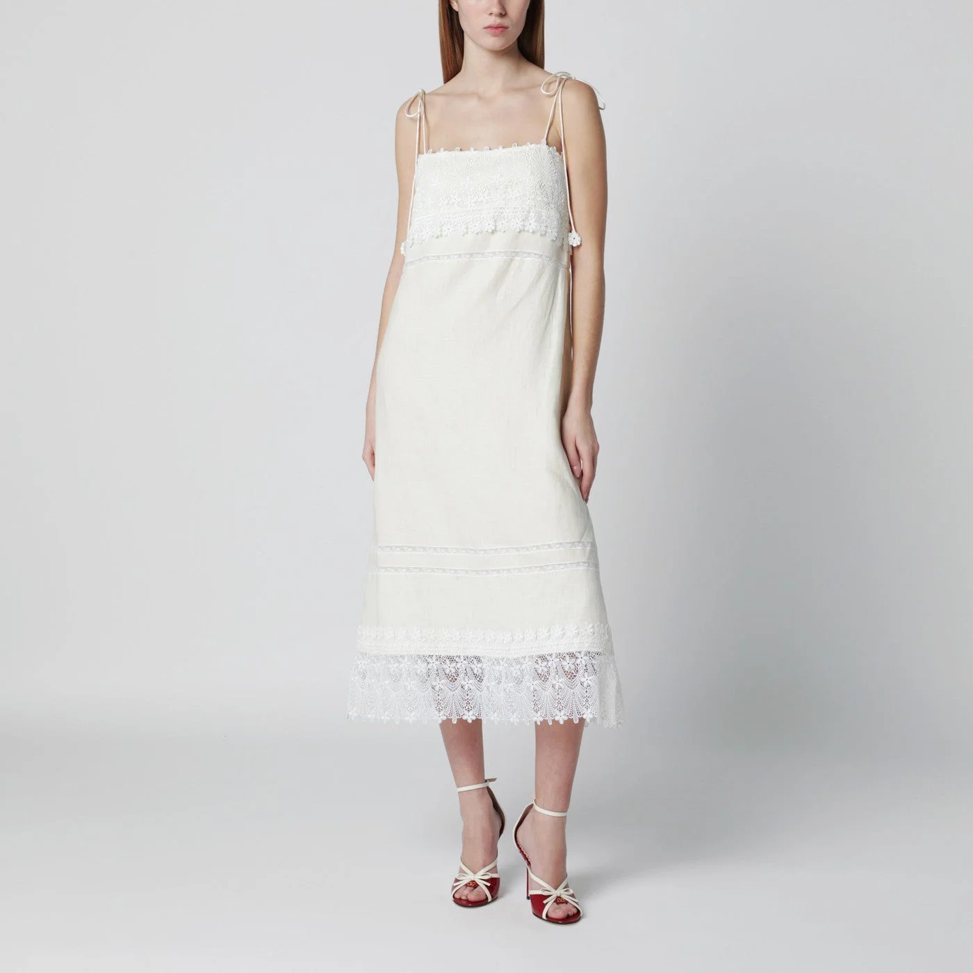 Ivory linen midi dress with Sangallo embroidery - 1