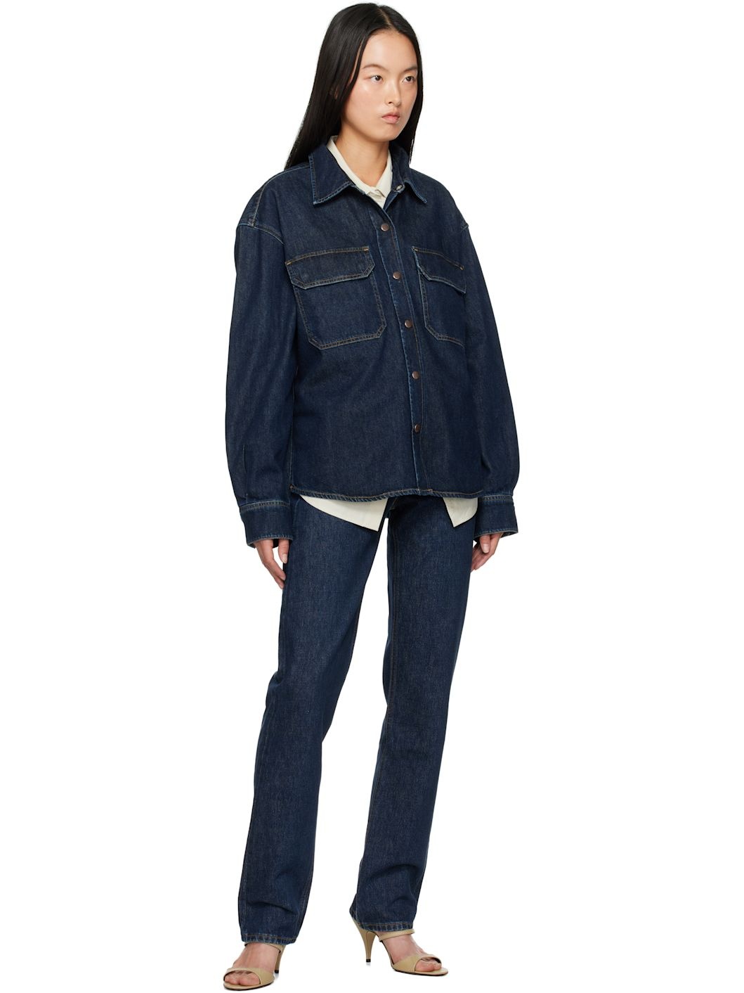 Blue 90's Pinch Waist High Rise Straight Long Jeans - 4