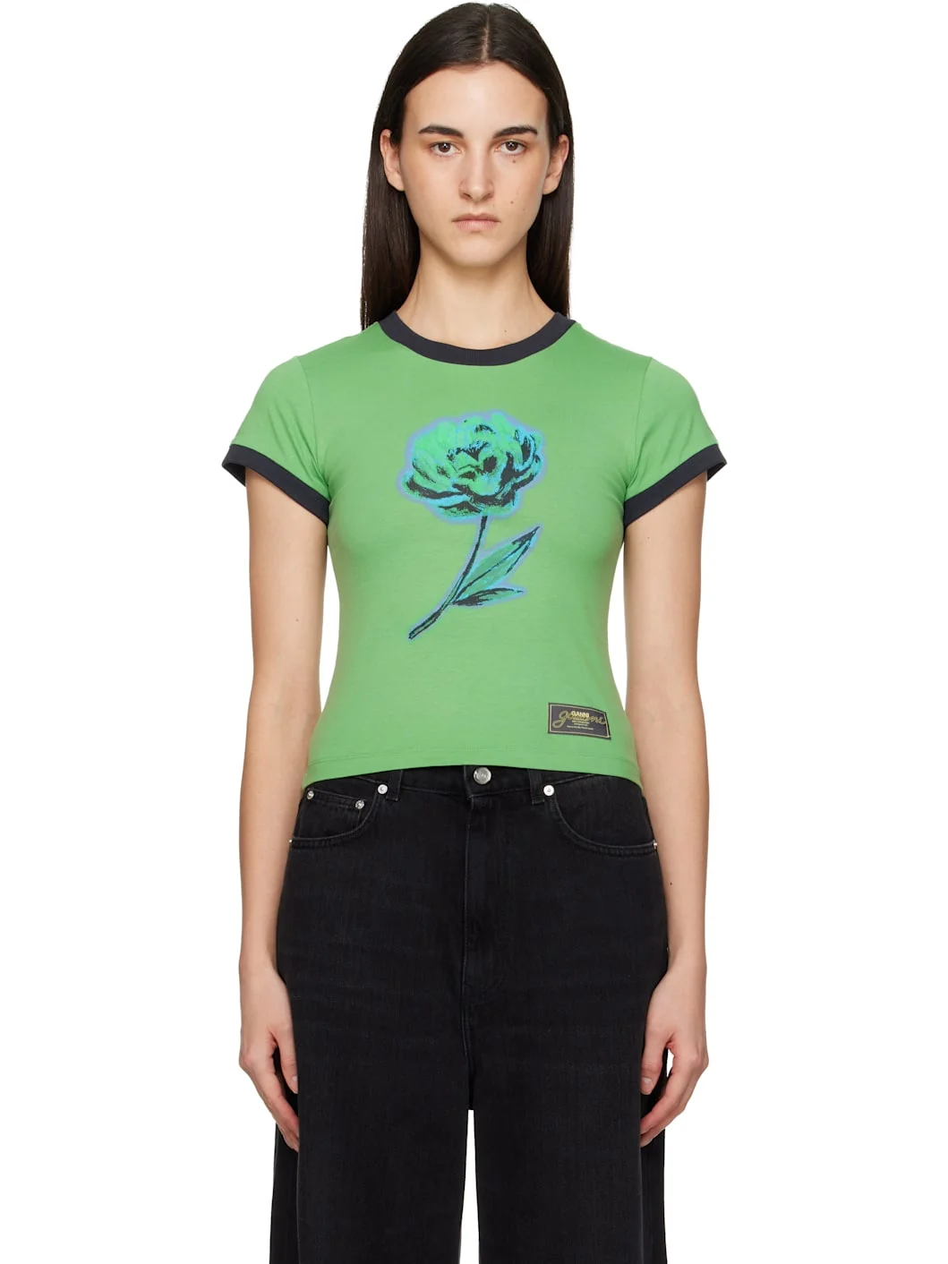 Green Basic Cotton Jersey Peony Baby Fit T-shirt - 1