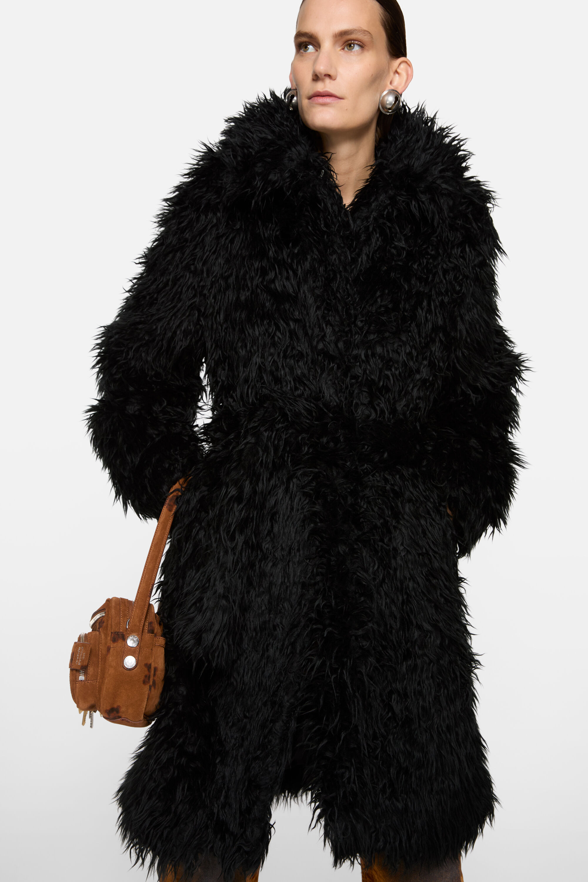 Faux fur belted coat - Black - 4
