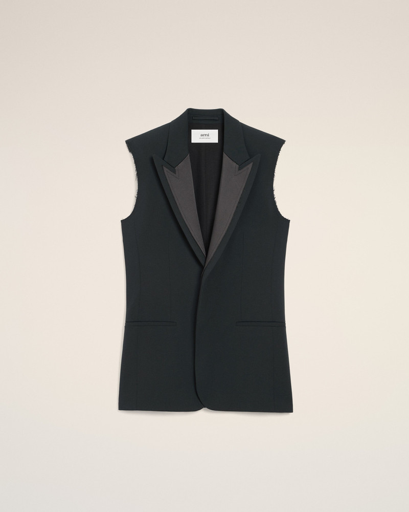 BLACK WOOL SLEEVELESS SMOCKING JACKET 1