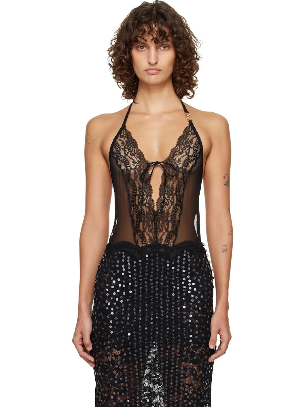 Black Embroidered Lace-Trim Bodysuit - 1