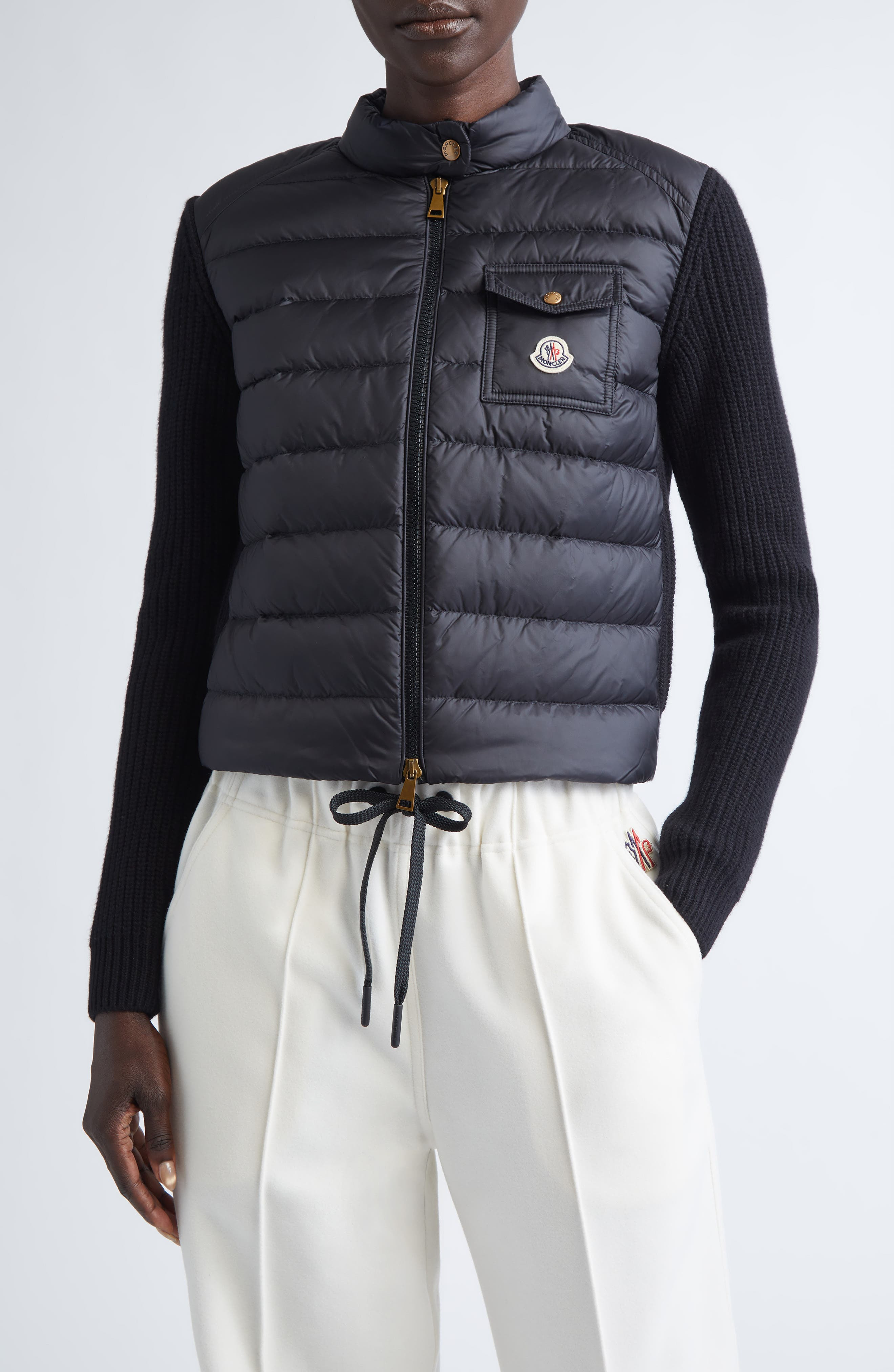 Moncler Purl Stitch Wool & Cashmere & Quilted Down Puffer Cardigan in Black at Nordstrom - 1