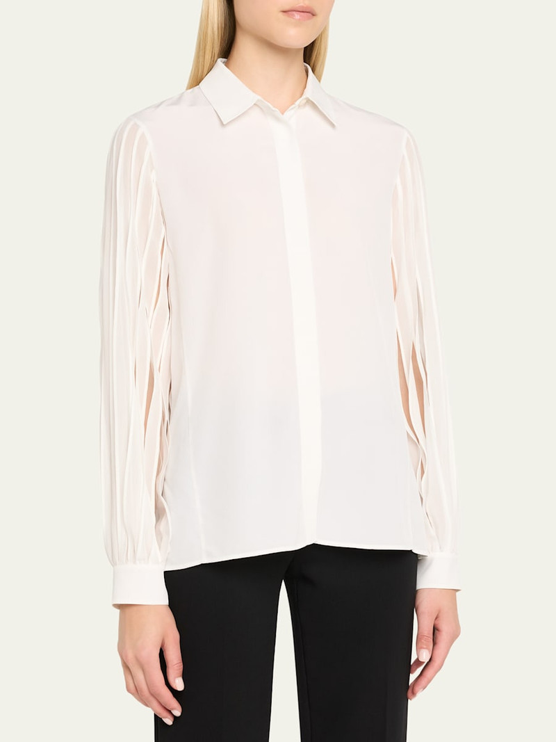 AKRIS Silk Crepe Pleated-Sleeve Blouse outlook