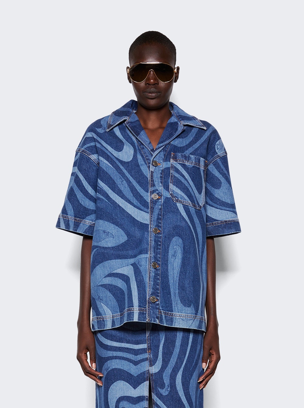 Marmo-Print Short Sleeve Denim Shirt Blue - 3