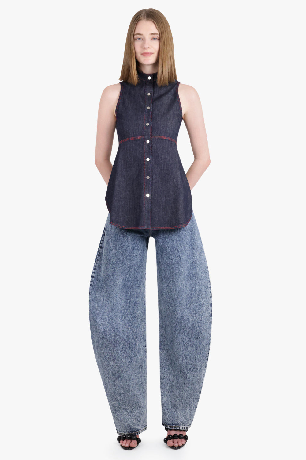 SLEEVELESS DENIM BLOUSE | DARK BLUE - 5