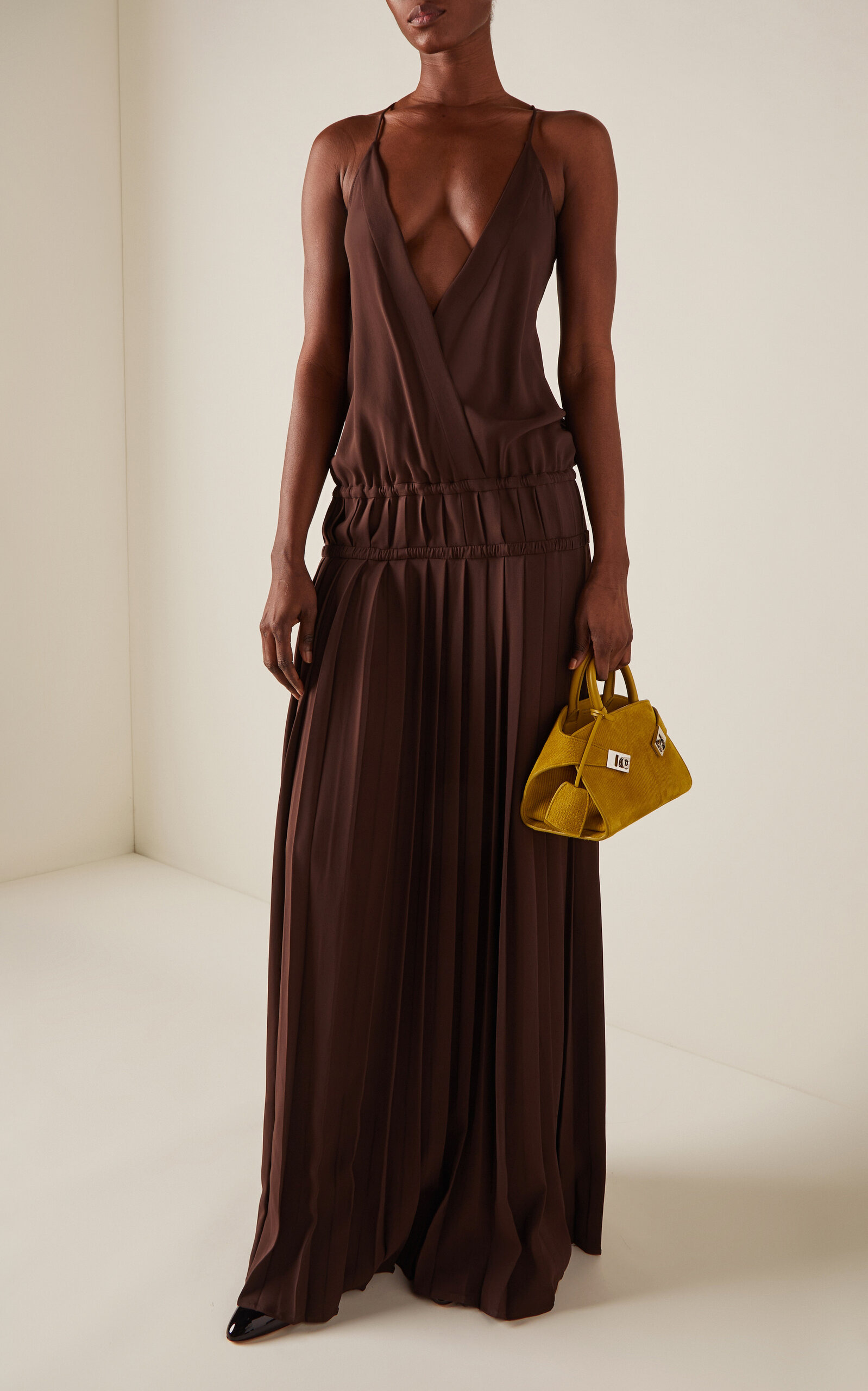 Pleated Drop-Waist Crepe Maxi Dress brown - 2