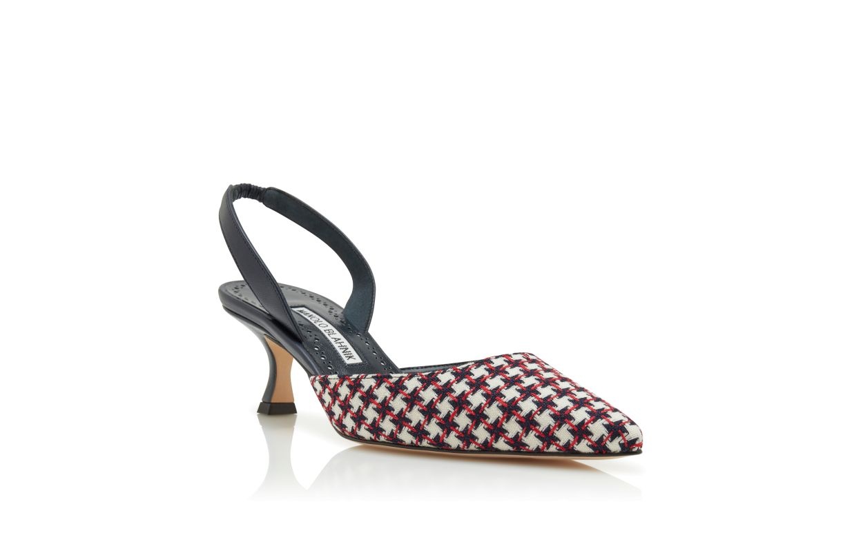 Navy Blue Wool Dogtooth Slingback Pumps - 3