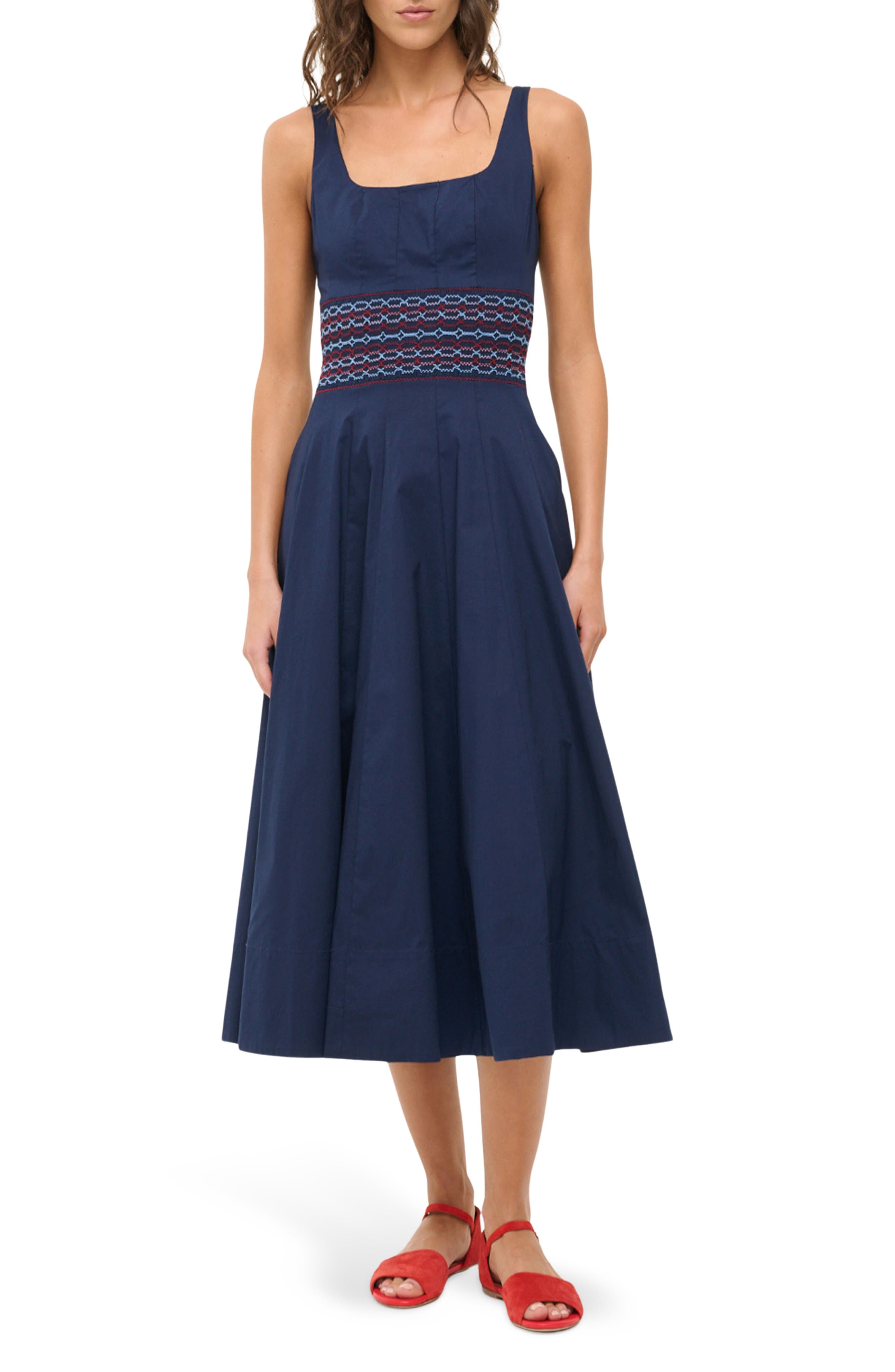 STAUD Rig Embroidered Smocked Waist Stretch Cotton Sundress in Navy at Nordstrom - 1