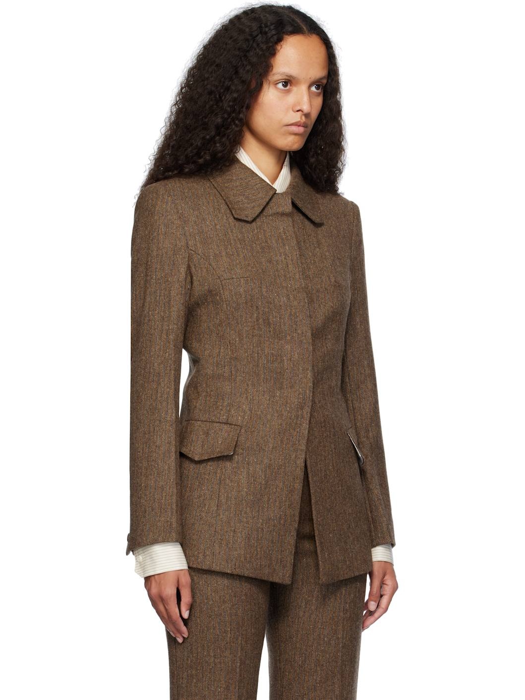 Brown Fitted Herringbone Blazer - 2