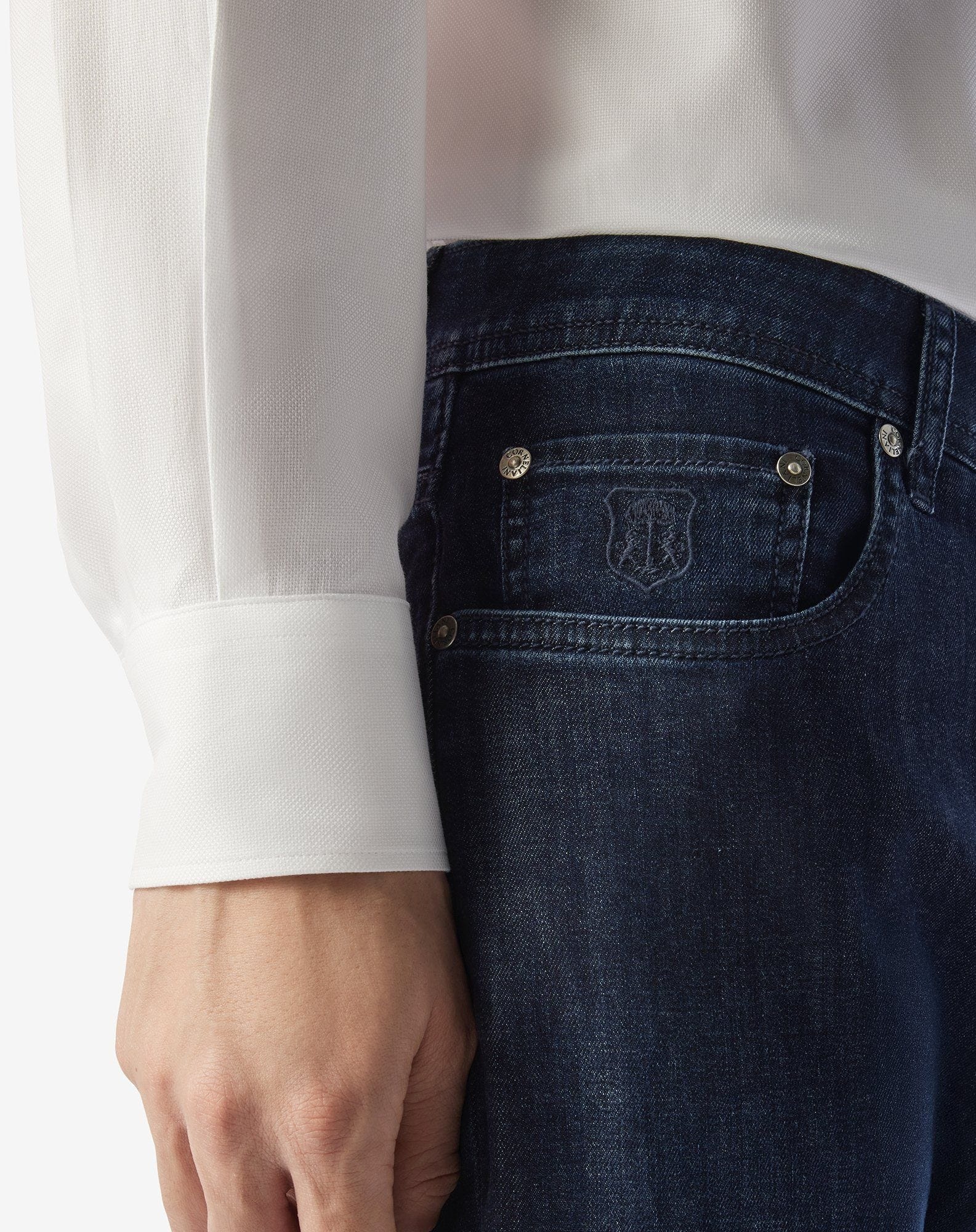 Navy blue stretch denim 5-pocket trousers - 4