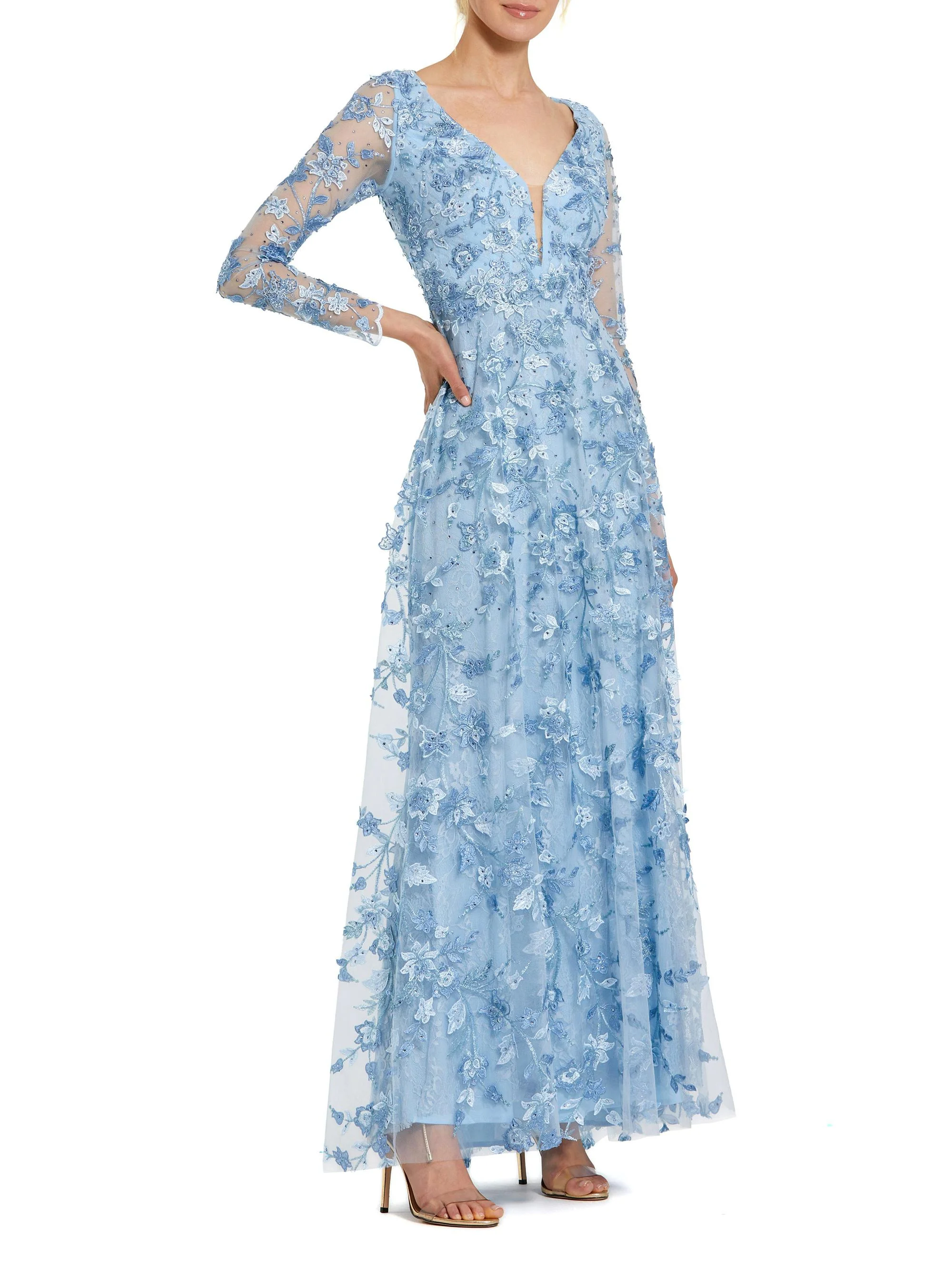 Women's 3D Floral-Embellished Lace Gown - Powder Blue - 1
