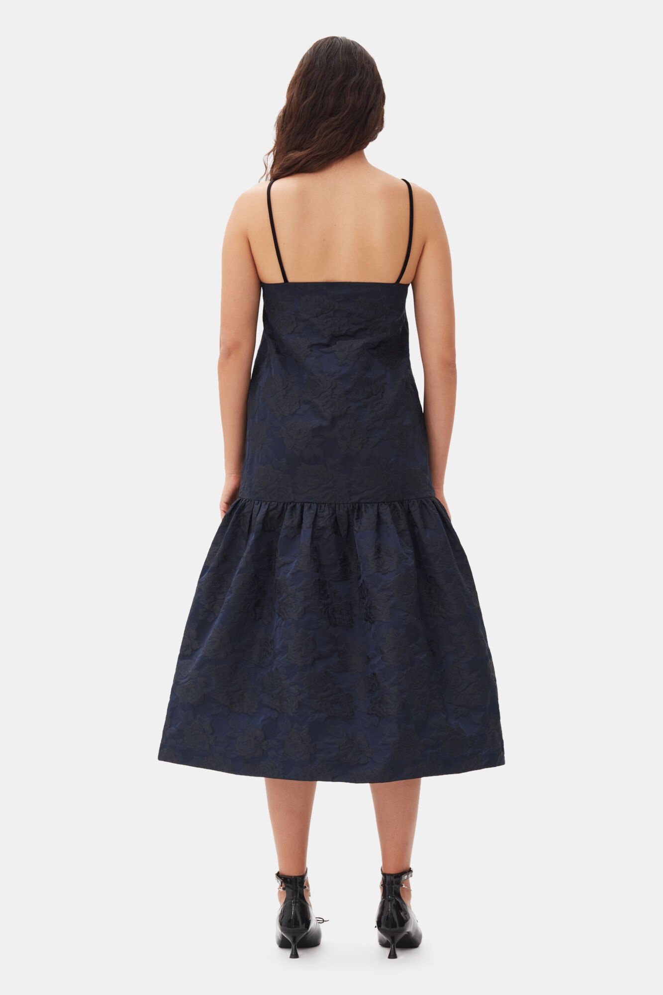 NAVY BLUE BOTANICAL JACQUARD STRAP MIDI DRESS - 5