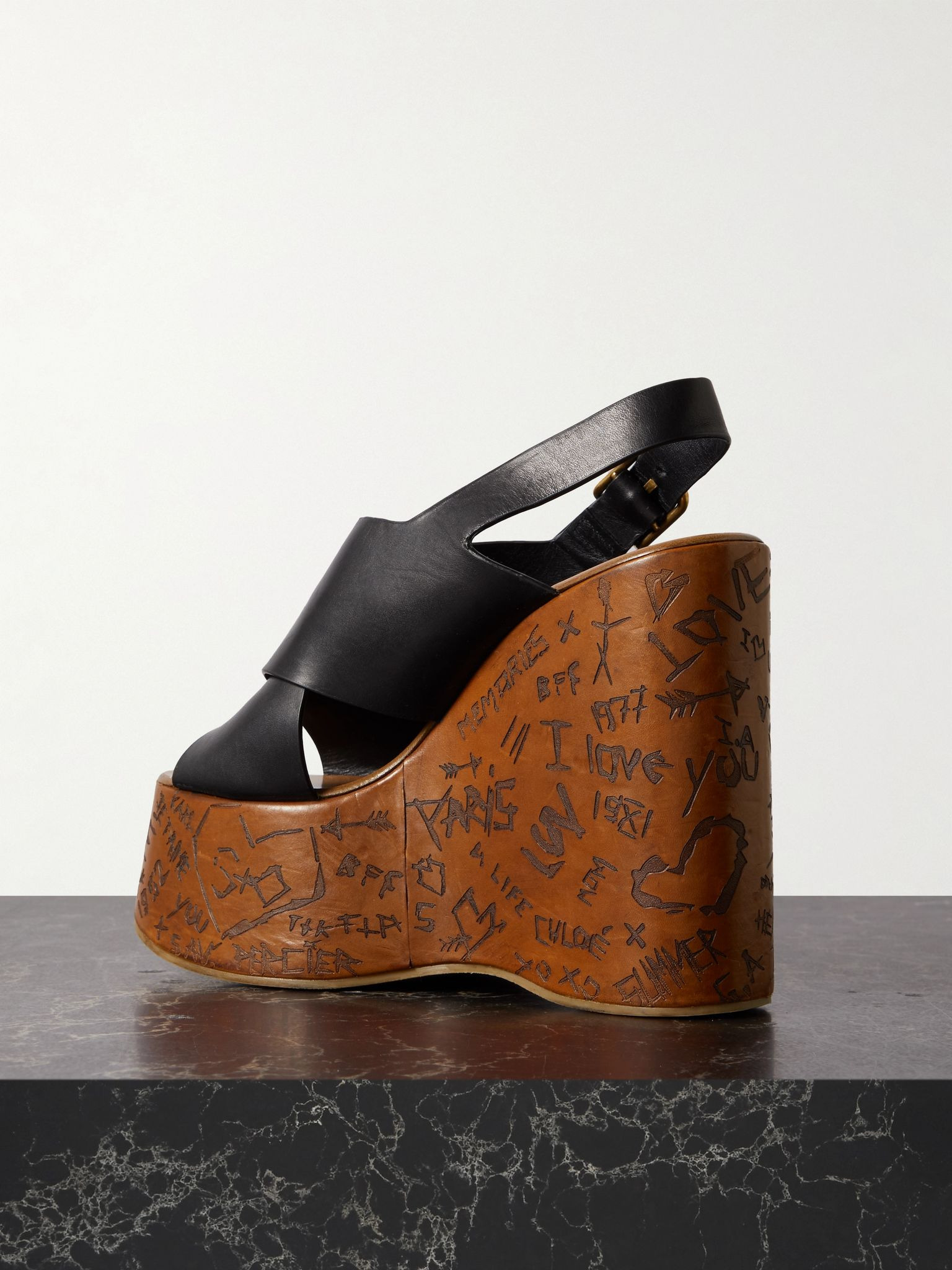 Maxime leather slingback platform wedge sandals Black - 3
