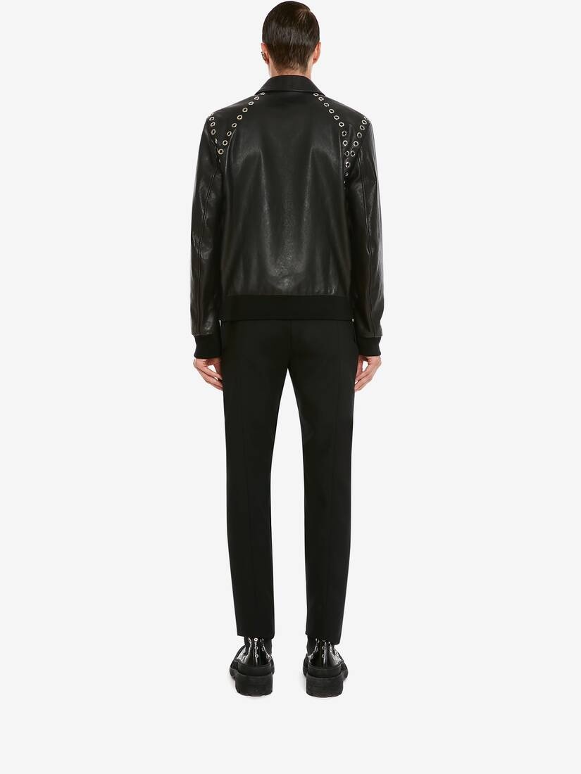 Men's Eyelets Leather Jacket in Black - 4