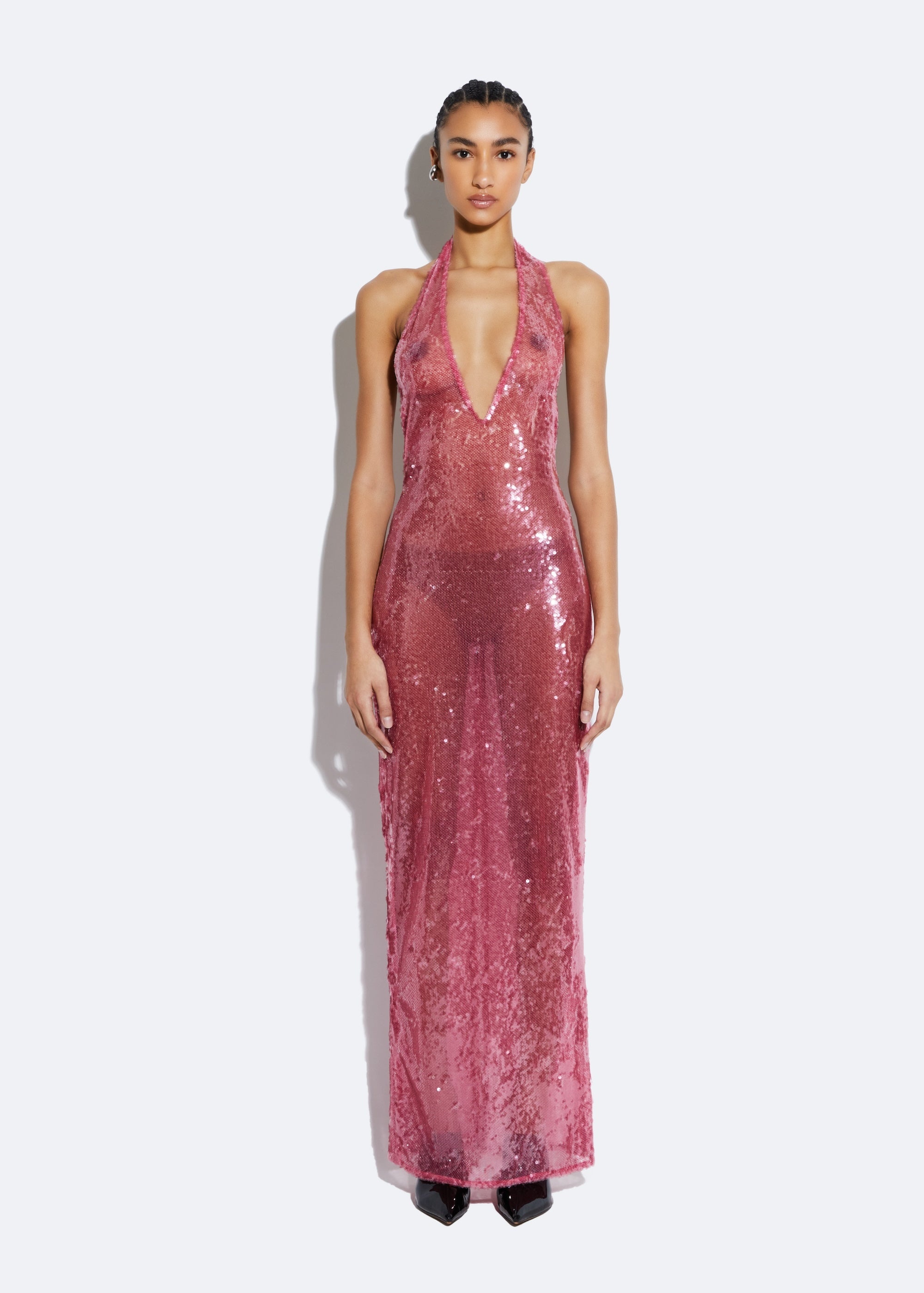 Sheer Sequin Deep V Neck Gown - 2