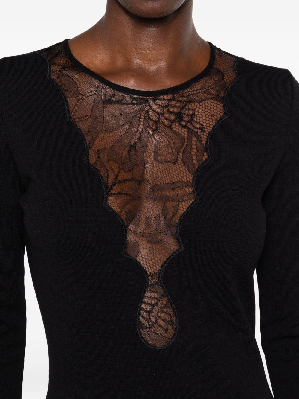 lace-insert long-sleeve midi dress - 5