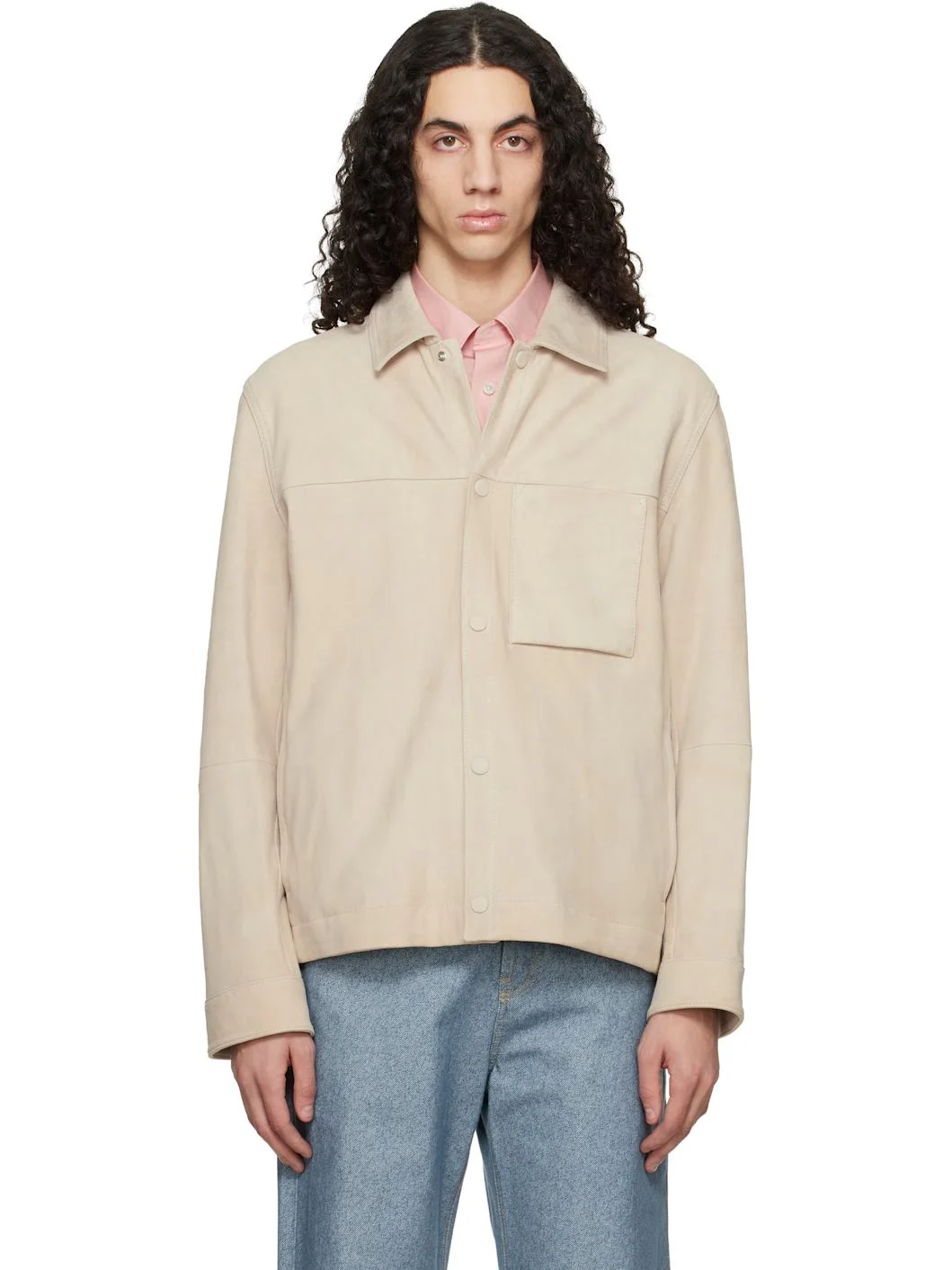 Beige Snap Closure Suede Jacket - 1