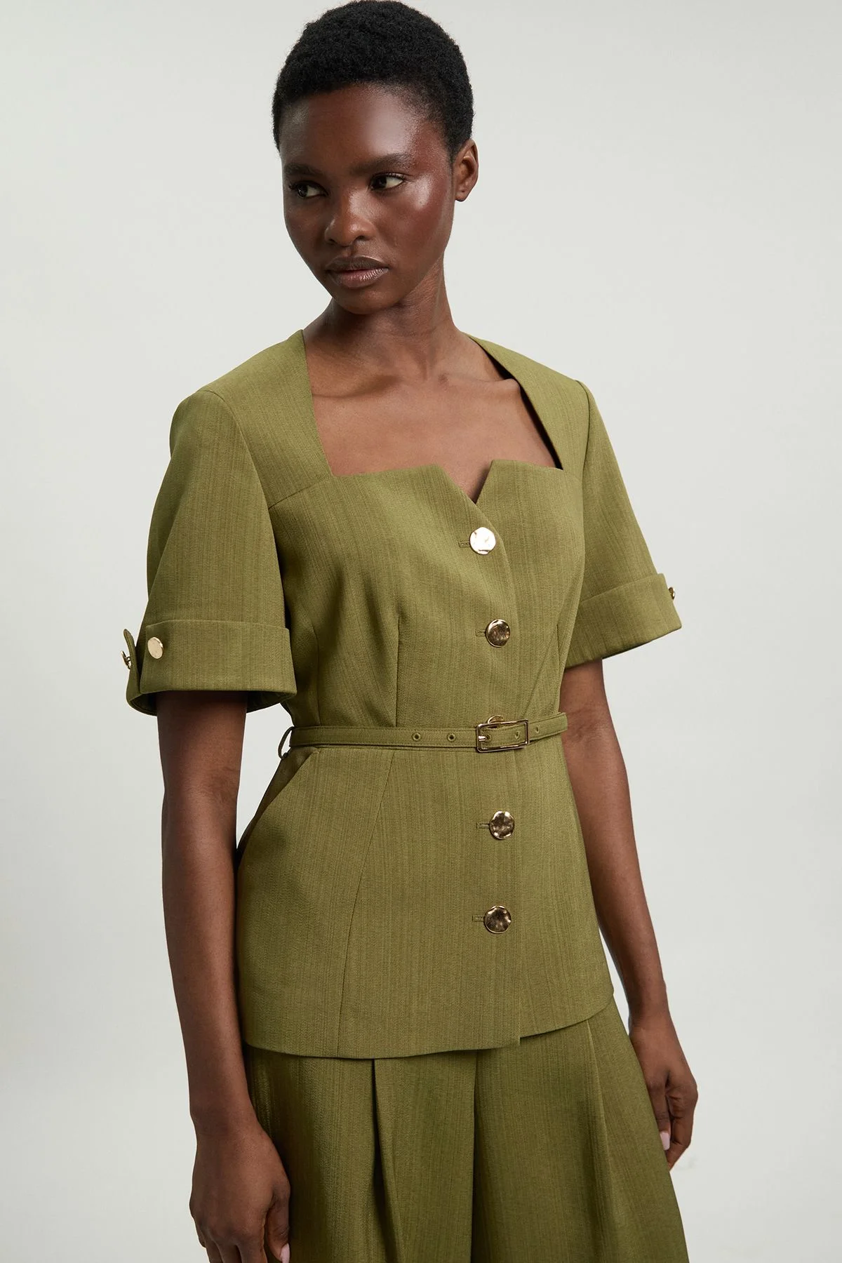 Viscose Belted Square Neck Short Sleeve Tailored Jacket - 1