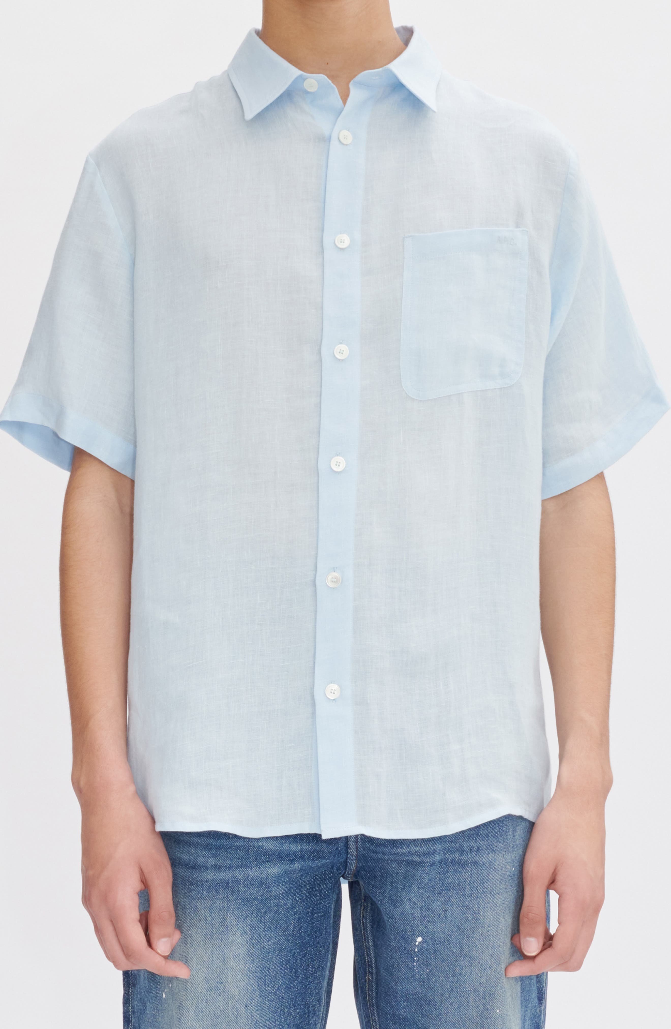 A.P.C. Bellini Logo Embroidered Short Sleeve Linen Button-Up Shirt in Iab Light Blue at Nordstrom - 2