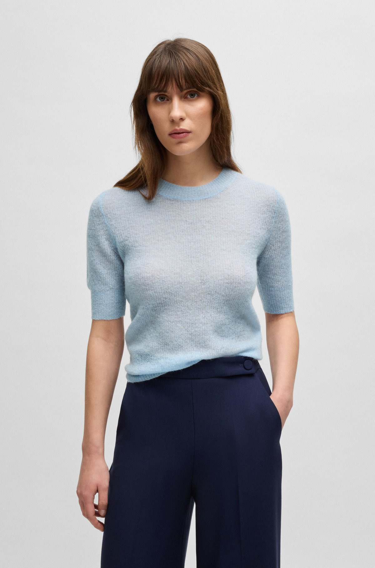 CROPPED-SLEEVE KNITTED SWEATER IN TEXTURED WOOL - 2