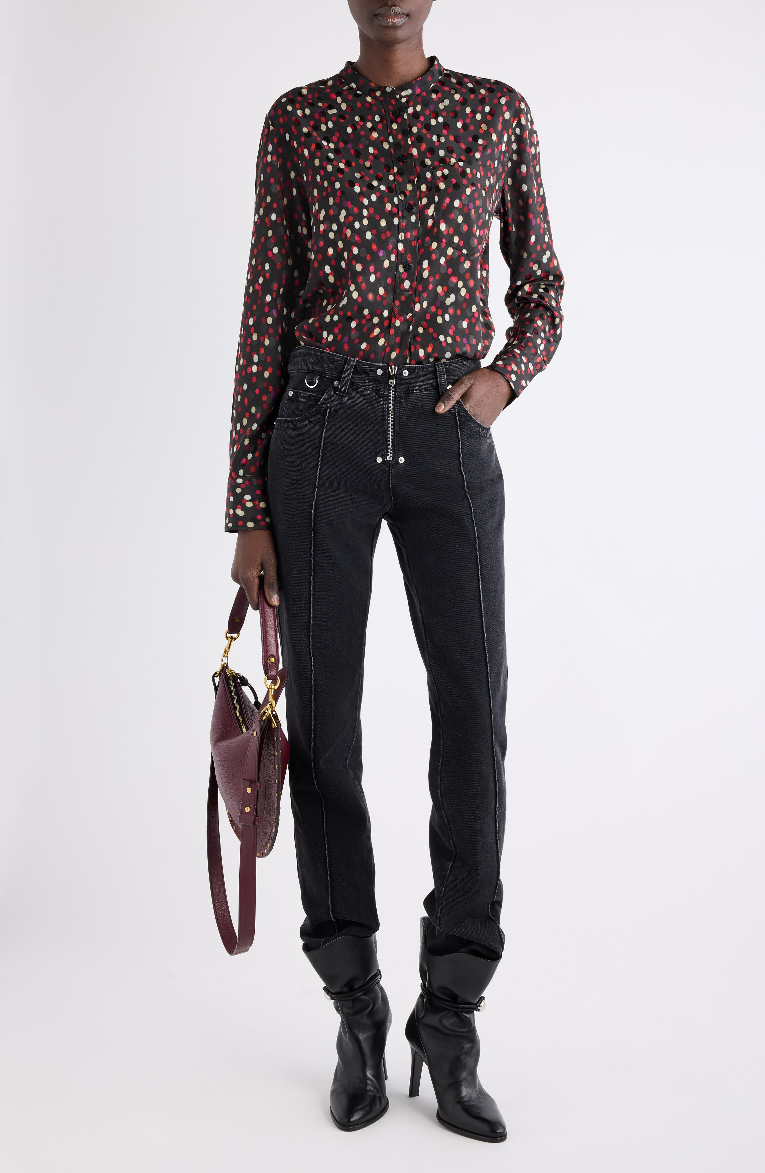 Isabel Marant Rusak Polka Dot Stretch Silk Popover Shirt in Black/Red at Nordstrom - 2
