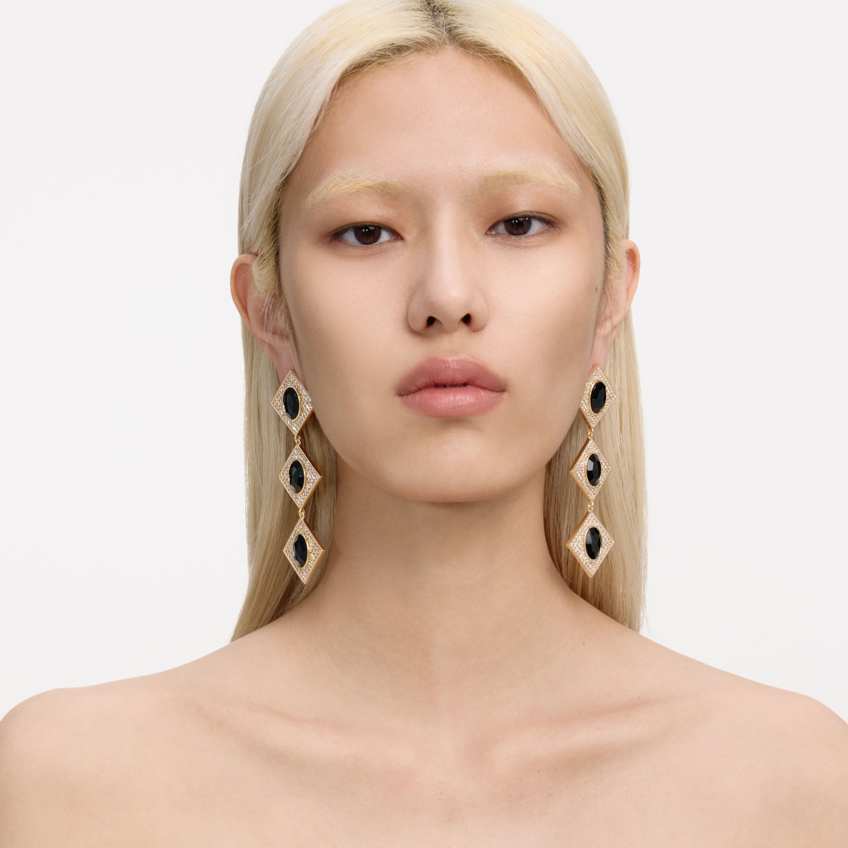 Gold Crystal Black Tiered Earrings - 4