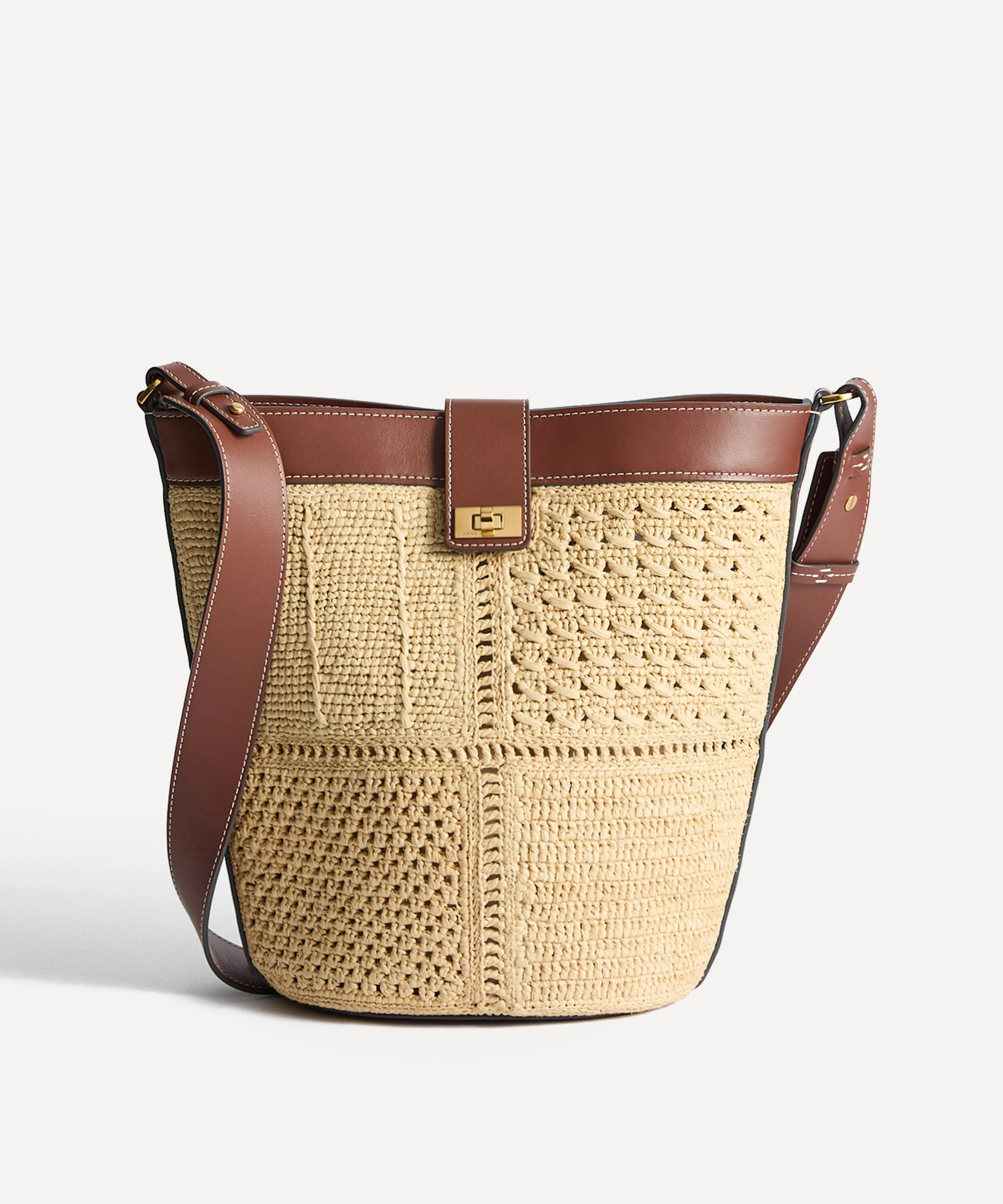 Patchwork Raffia and Leather Bucket Bag - 1